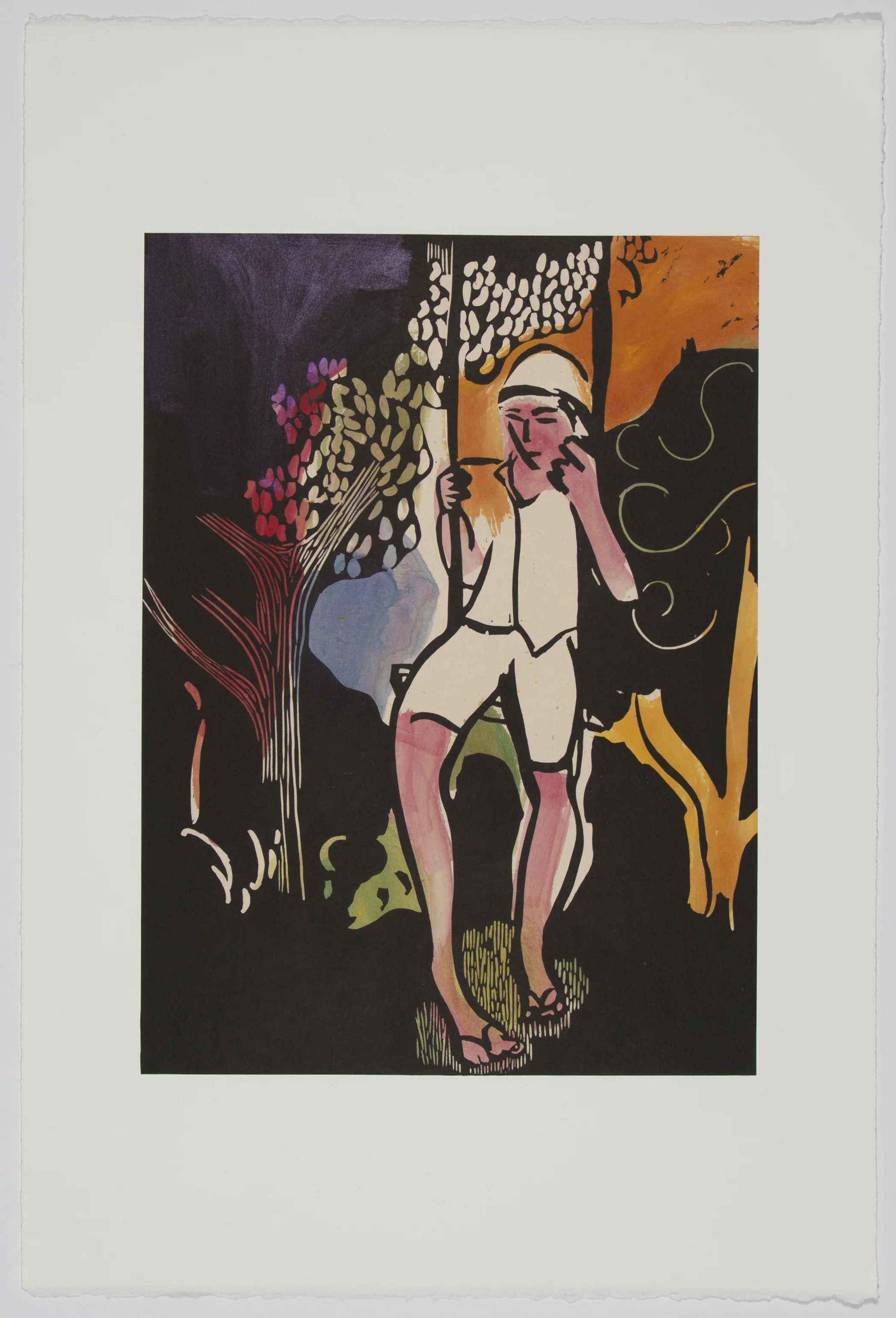 Boy on a Swing (V), 2017 Linoleum with Watercolor Image size: 15 x 11 inches Paper size: 21.5 x 15 inches Edition of 15