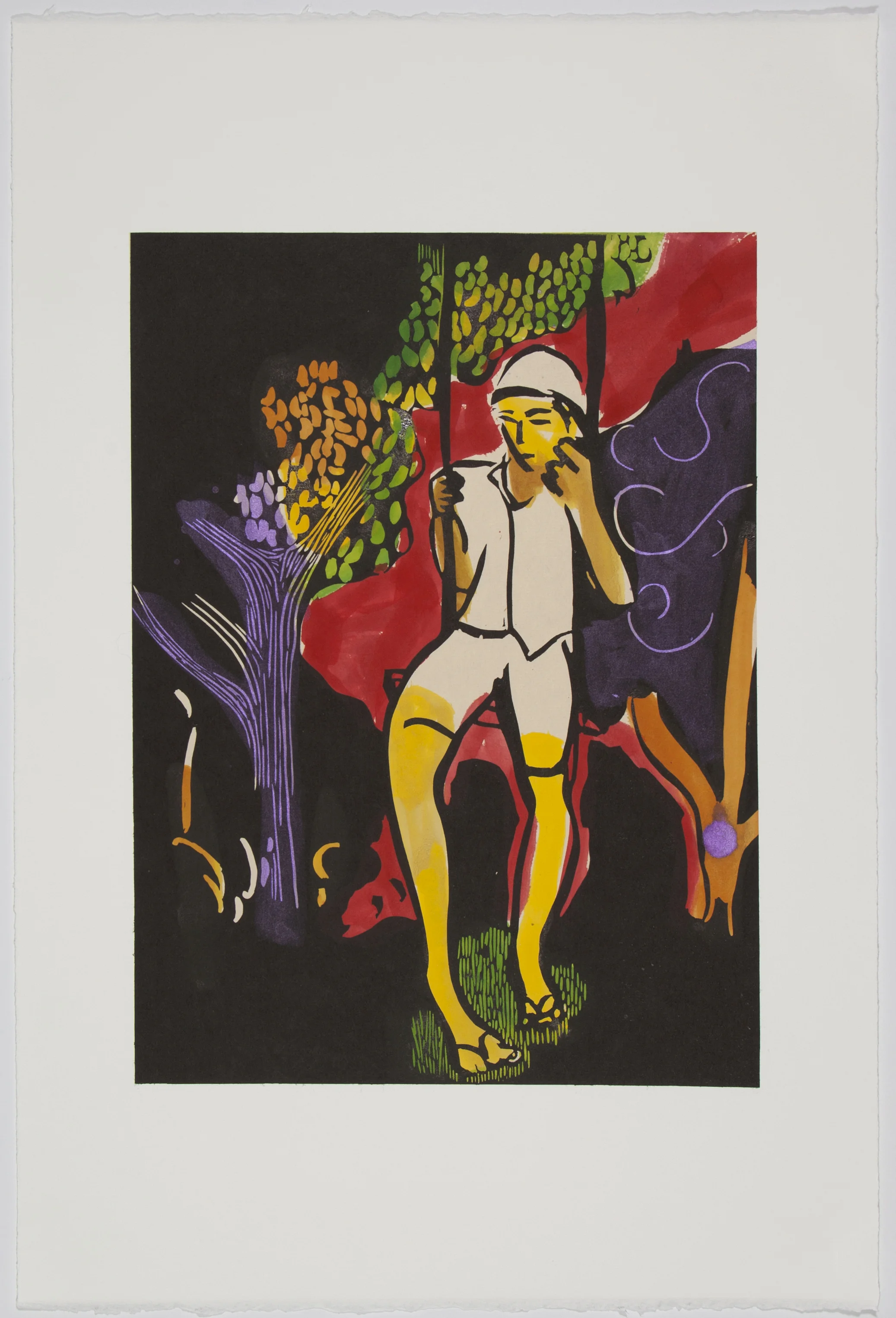 Boy on a Swing (II) , 2017 Linoleum with Watercolor Image size: 15 x 11 inches Paper size: 21.5 x 15 inches Edition of 15