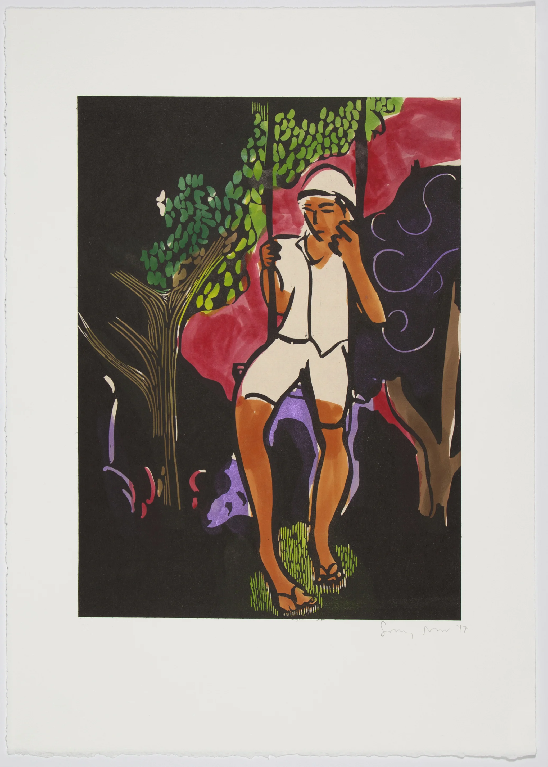 Boy on a Swing (I) , 2017 Linoleum with Watercolor Image size: 15 x 11 inches Paper size: 21.5 x 15 inches Edition of 15