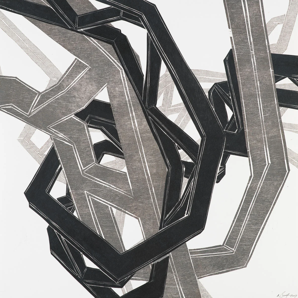 Steel Embrace (III) , 2009 Woodcut on paper with woodcut on mylar collage Image size: 23.5 x 23.5 inches Series of 4