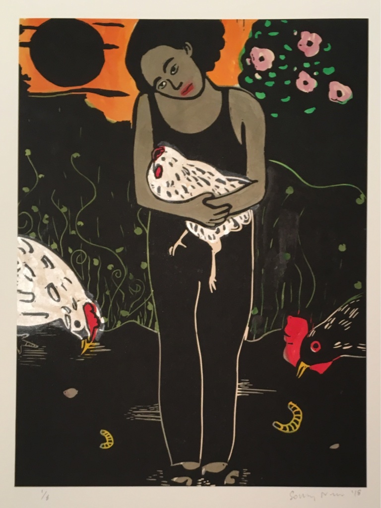 Chicken Madonna in Summer I , 2018 Linoleum and watercolor Image size: 11.75 x 8.75 inches Paper size: 15 x 11.25 inches Edition of 8