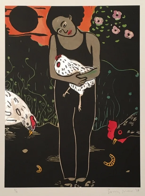 Chicken Madonna in Summer III , 2018 Linoleum and watercolor Image size: 11.75 x 8.75 inches Paper size: 15 x 11.25 inches Edition of 8
