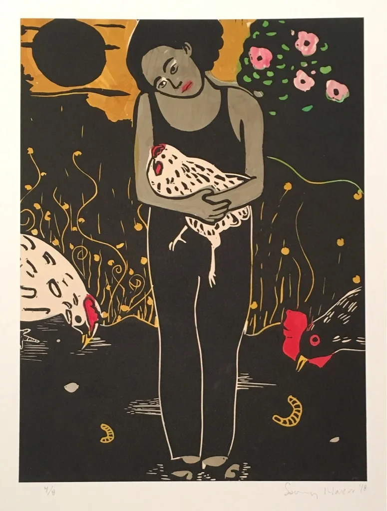 Chicken Madonna in Summer IV , 2018 Linoleum and watercolor Image size: 11.75 x 8.75 inches Paper size: 15 x 11.25 inches Edition of 8
