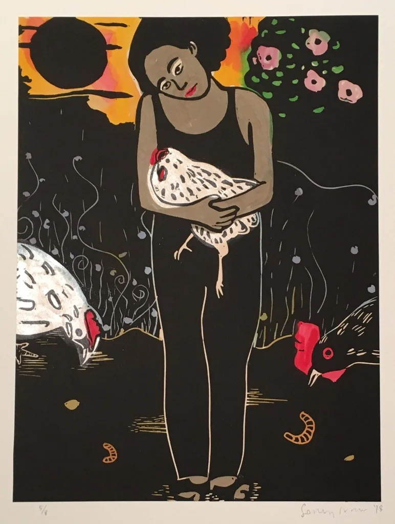Chicken Madonna in Summer V , 2018 Linoleum and watercolor Image size: 11.75 x 8.75 inches Paper size: 15 x 11.25 inches Edition of 8