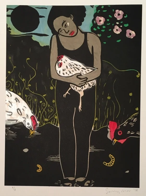 Chicken Madonna in Summer VI , 2018 Linoleum and watercolor Image size: 11.75 x 8.75 inches Paper size: 15 x 11.25 inches Edition of 8