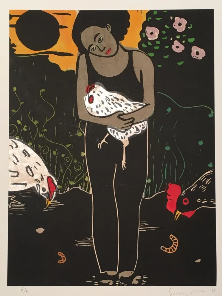 Chicken Madonna in Summer VIII , 2018 Linoleum and watercolor Image size: 11.75 x 8.75 inches Paper size: 15 x 11.25 inches Edition of 8