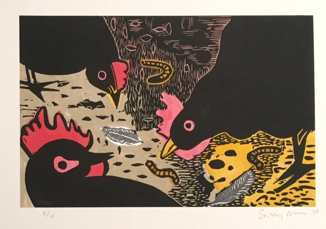 The Gleaners II, 2018 Linoleum with Watercolor Images Size: 5.75 x 9 inches Paper Size: 11 x 14.25 inches Edition of 10