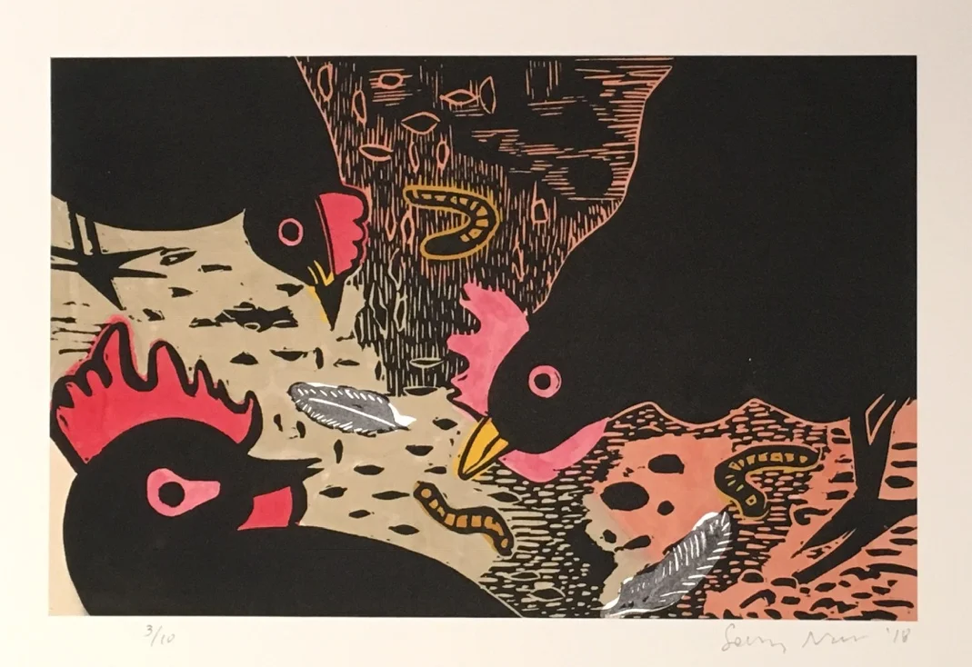 The Gleaners III, 2018 Linoleum with Watercolor Images Size: 5.75 x 9 inches Paper Size: 11 x 14.25 inches Edition of 10