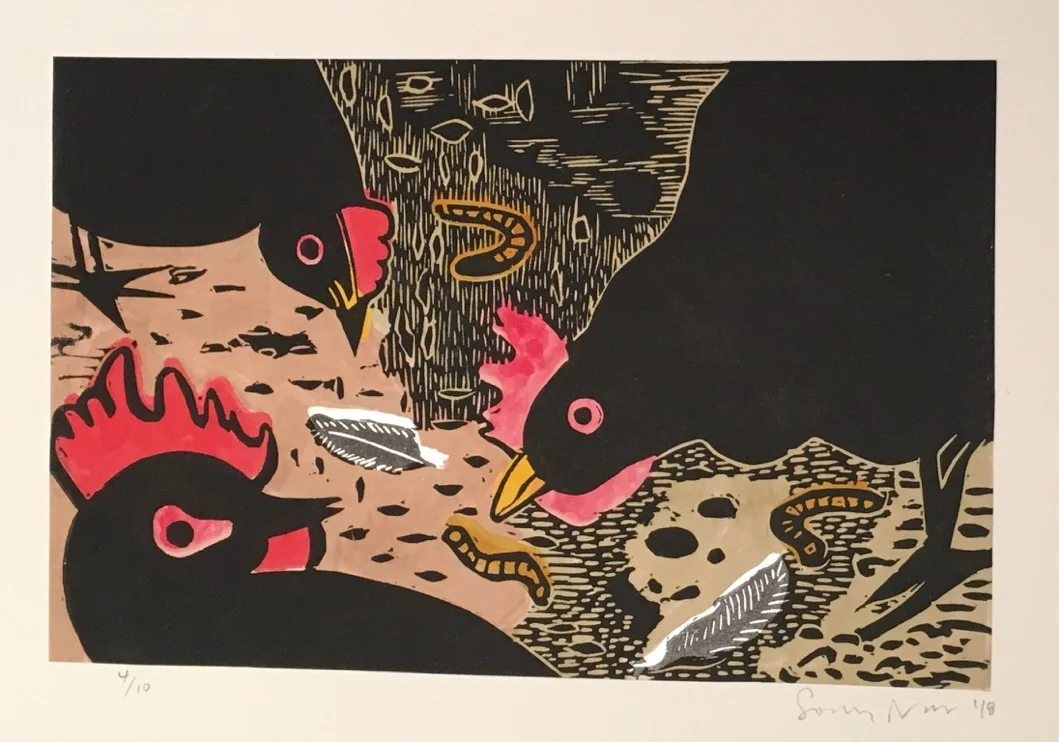 The Gleaners IV, 2018 Linoleum with Watercolor Images Size: 5.75 x 9 inches Paper Size: 11 x 14.25 inches Edition of 10