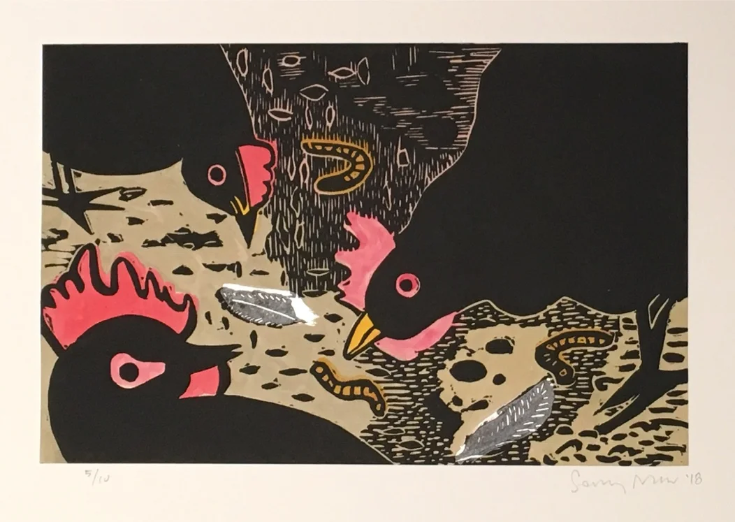 The Gleaners V, 2018 Linoleum with Watercolor Images Size: 5.75 x 9 inches Paper Size: 11 x 14.25 inches Edition of 10