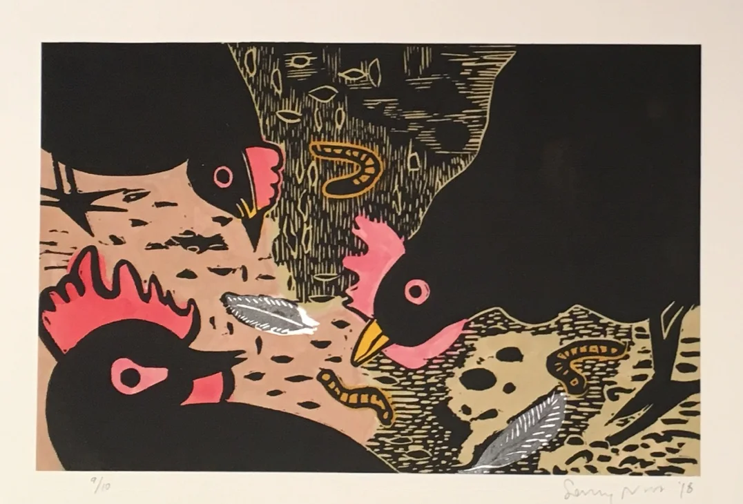 The Gleaners IX, 2018 Linoleum with Watercolor Images Size: 5.75 x 9 inches Paper Size: 11 x 14.25 inches Edition of 10