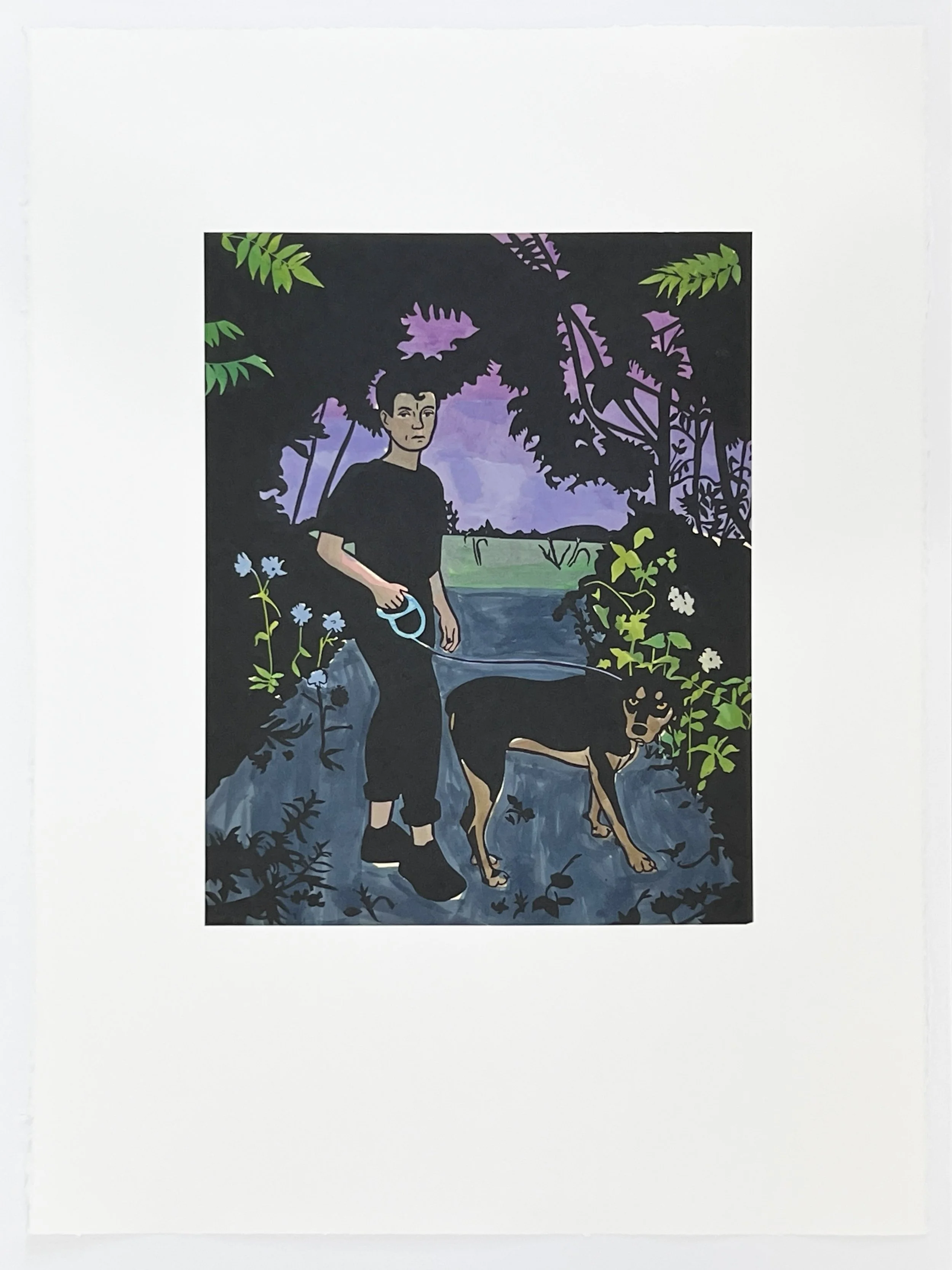 Visitors II , 2023 Linoleum with hand coloring Image Size: 17.5 x 14 inches Paper Size: 30 x 22 inches 2/15