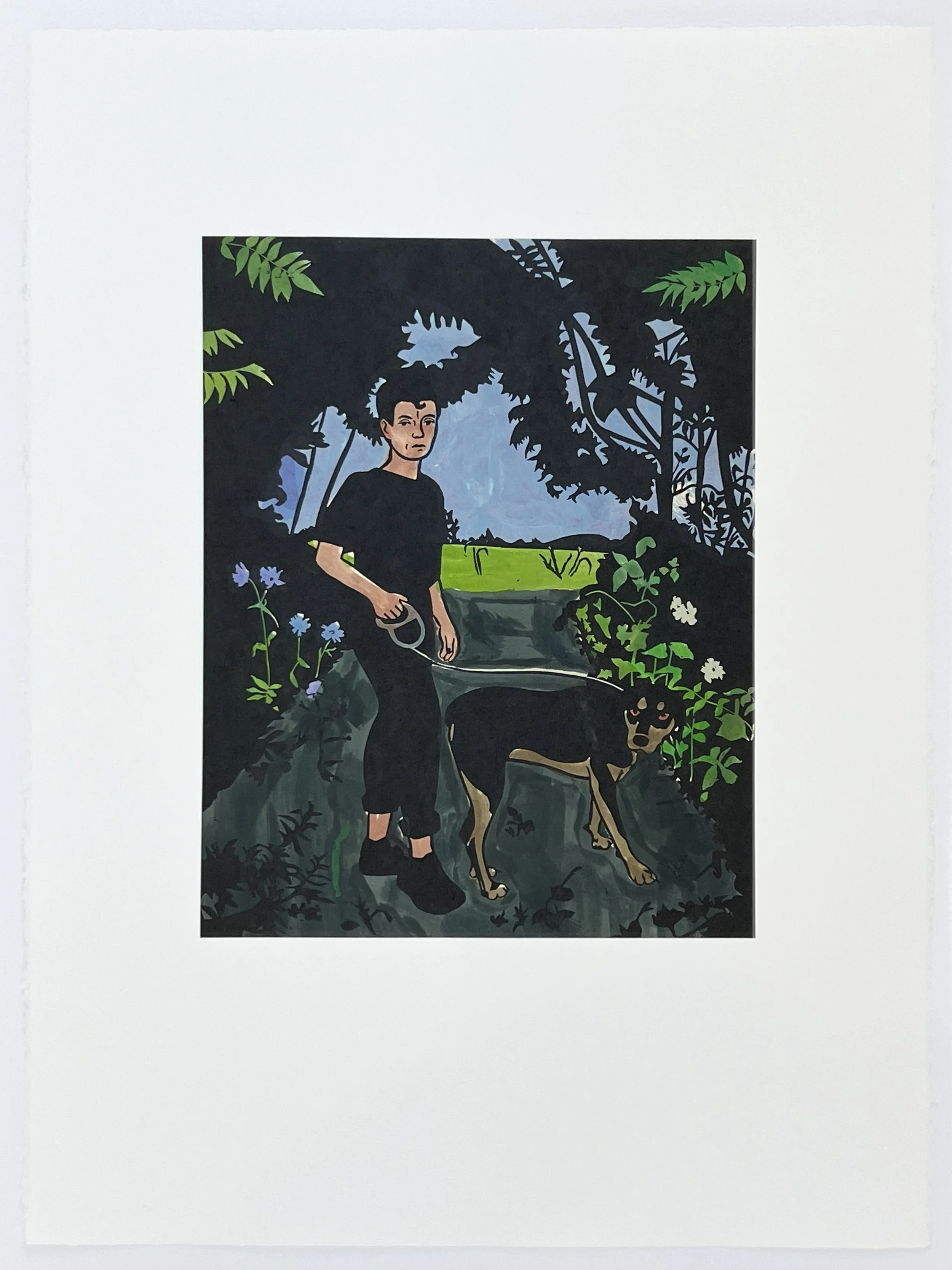 Visitors III , 2023 Linoleum with hand coloring Image Size: 17.5 x 14 inches Paper Size: 30 x 22 inches 3/15