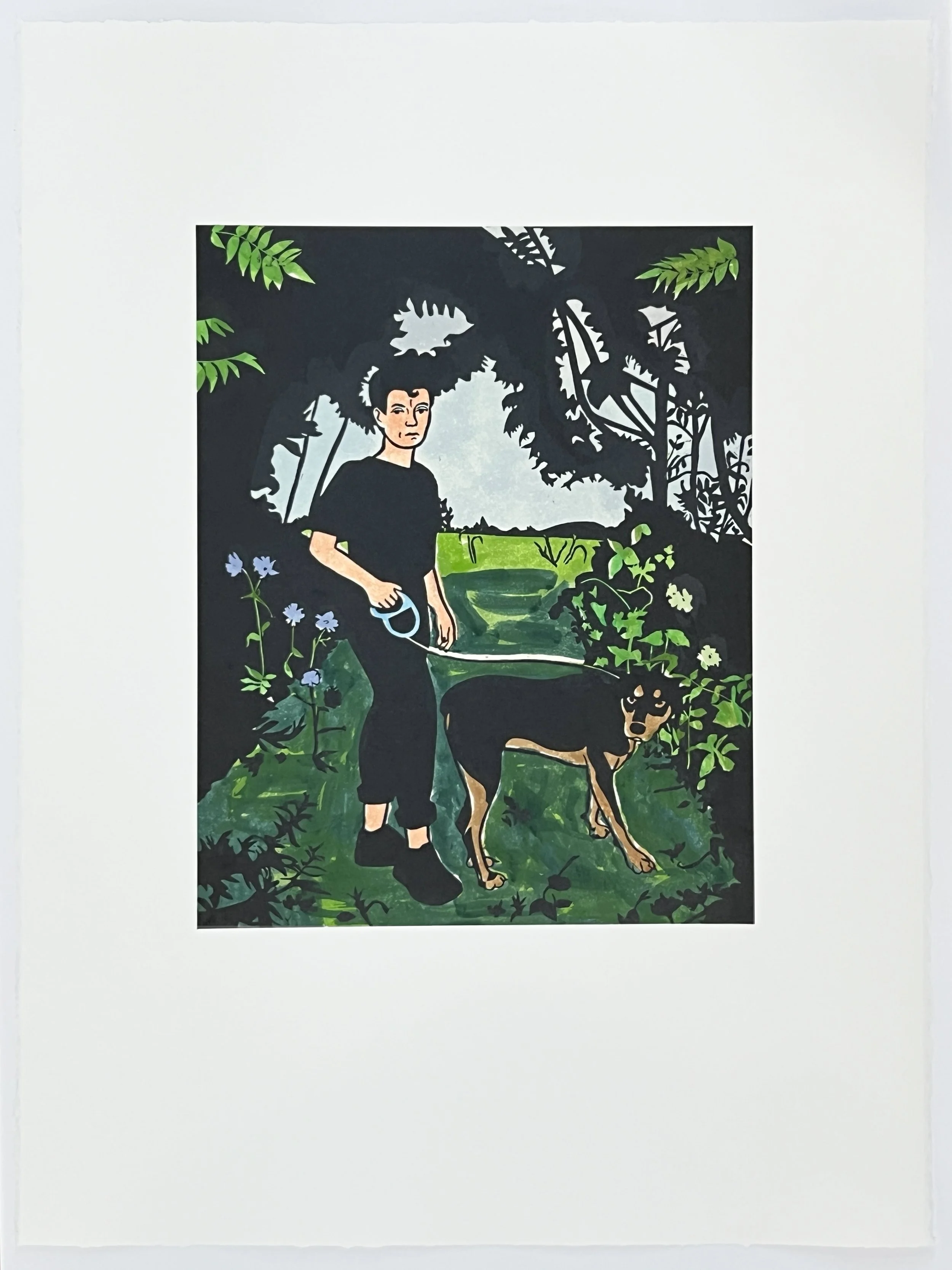 Visitors IV , 2023 Linoleum with hand coloring Image Size: 17.5 x 14 inches Paper Size: 30 x 22 inches 4/15