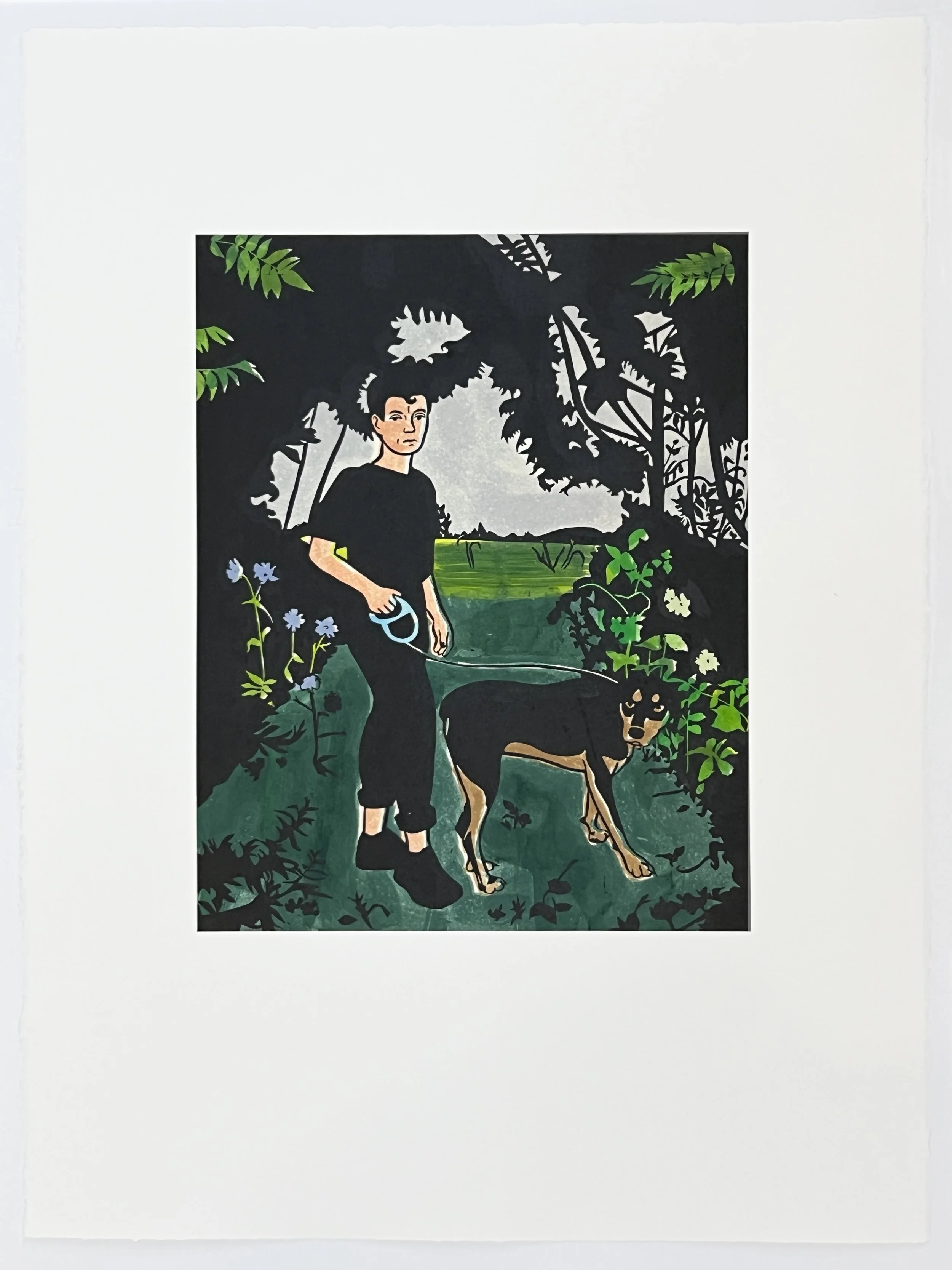 Visitors VI , 2023 Linoleum with hand coloring Image Size: 17.5 x 14 inches Paper Size: 30 x 22 inches 6/15