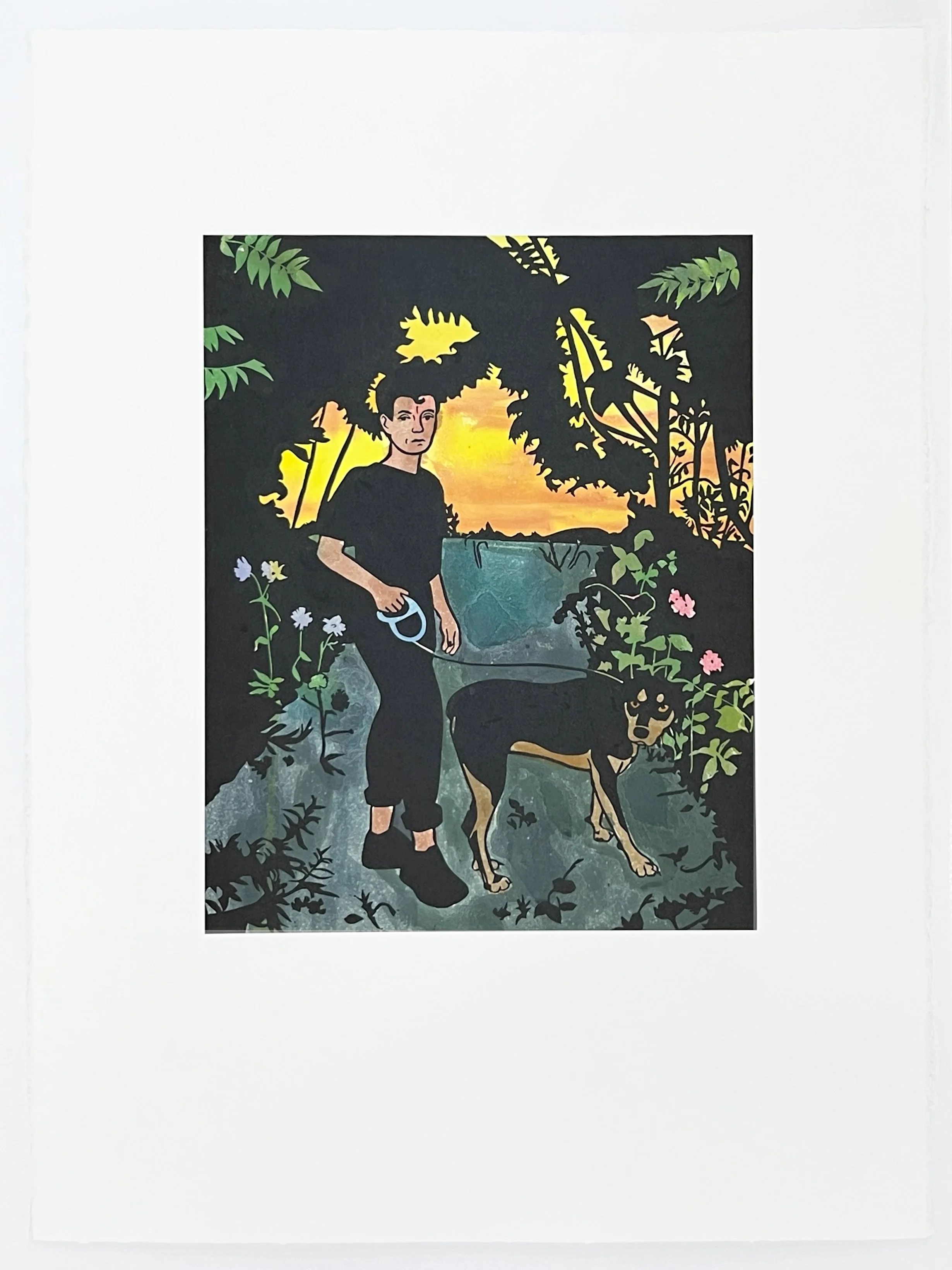 Visitors VII , 2023 Linoleum with hand coloring Image Size: 17.5 x 14 inches Paper Size: 30 x 22 inches 7/15