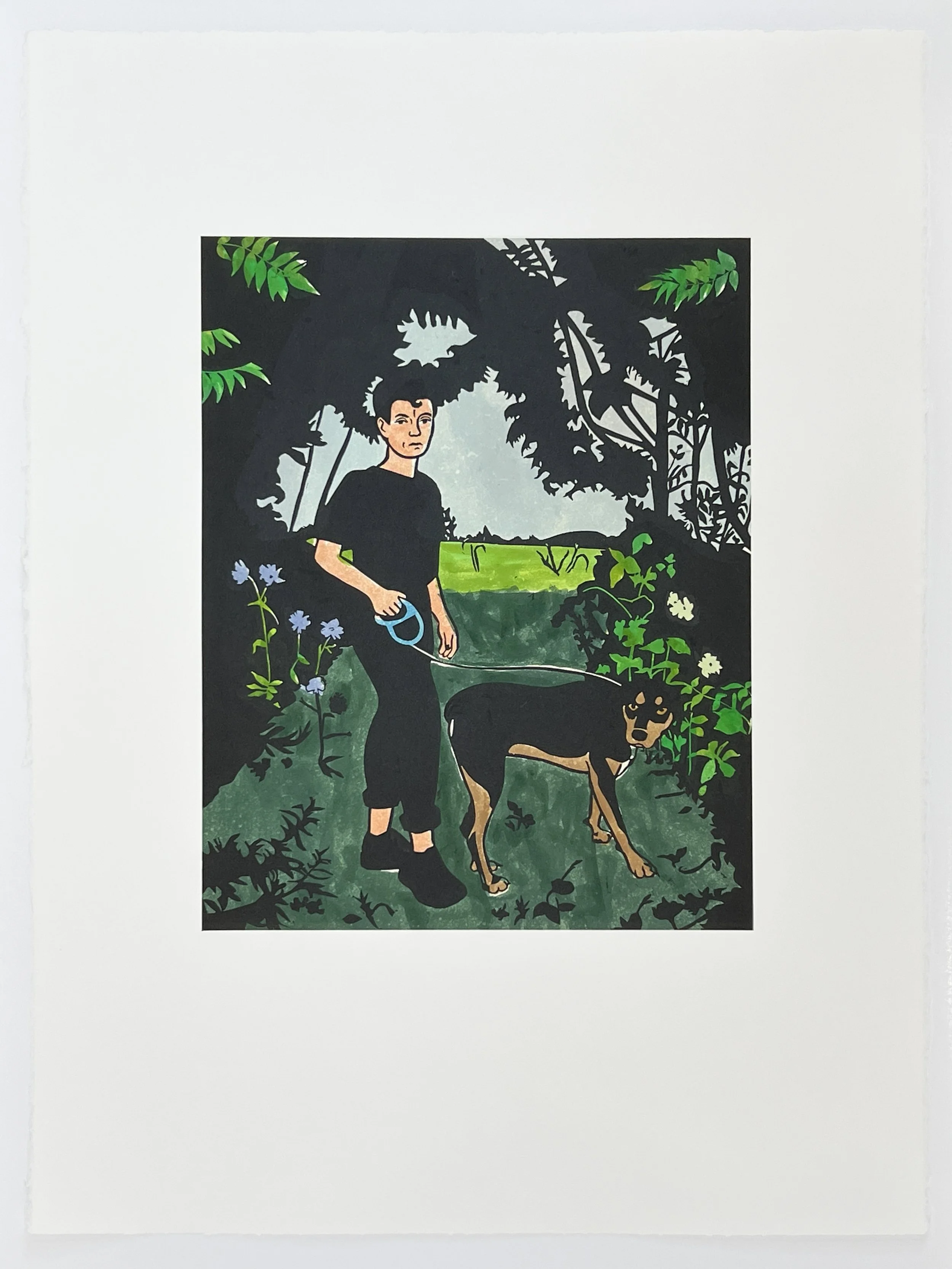 Visitors IX , 2023 Linoleum with hand coloring Image Size: 17.5 x 14 inches Paper Size: 30 x 22 inches 9/15
