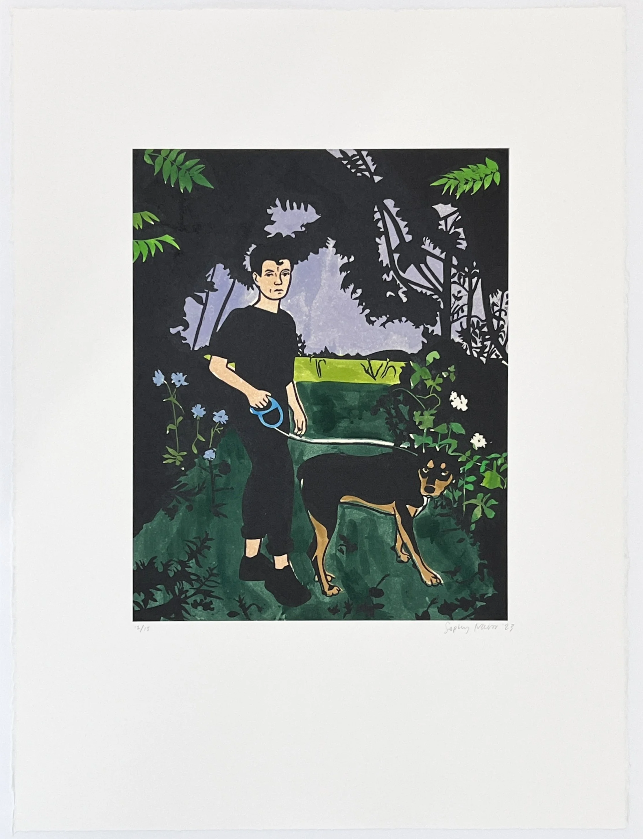 Visitors XII , 2023 Linoleum with hand coloring Image Size: 17.5 x 14 inches Paper Size: 30 x 22 inches 12/15