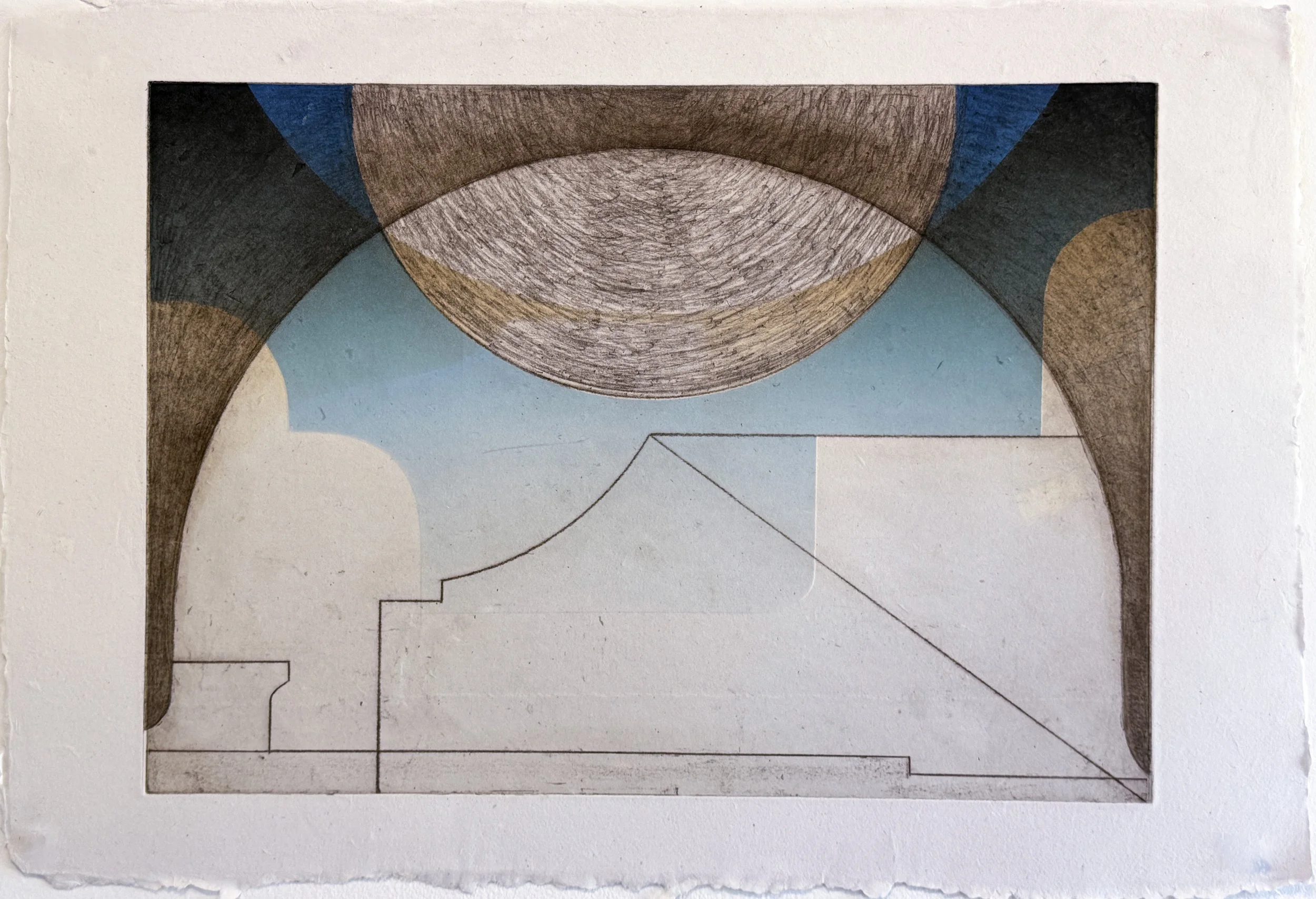 Roma Reflection I , 2024-25 Etching and Monotype, printed on repulped paper of a degraded Sebastiano Serlio book: Libro Primo d’Architettura,Libro Estraordinario. Venice: Francesco Senese & Zuane Krugher, 1566 Image: 13.5 x 19 inches Paper: 16