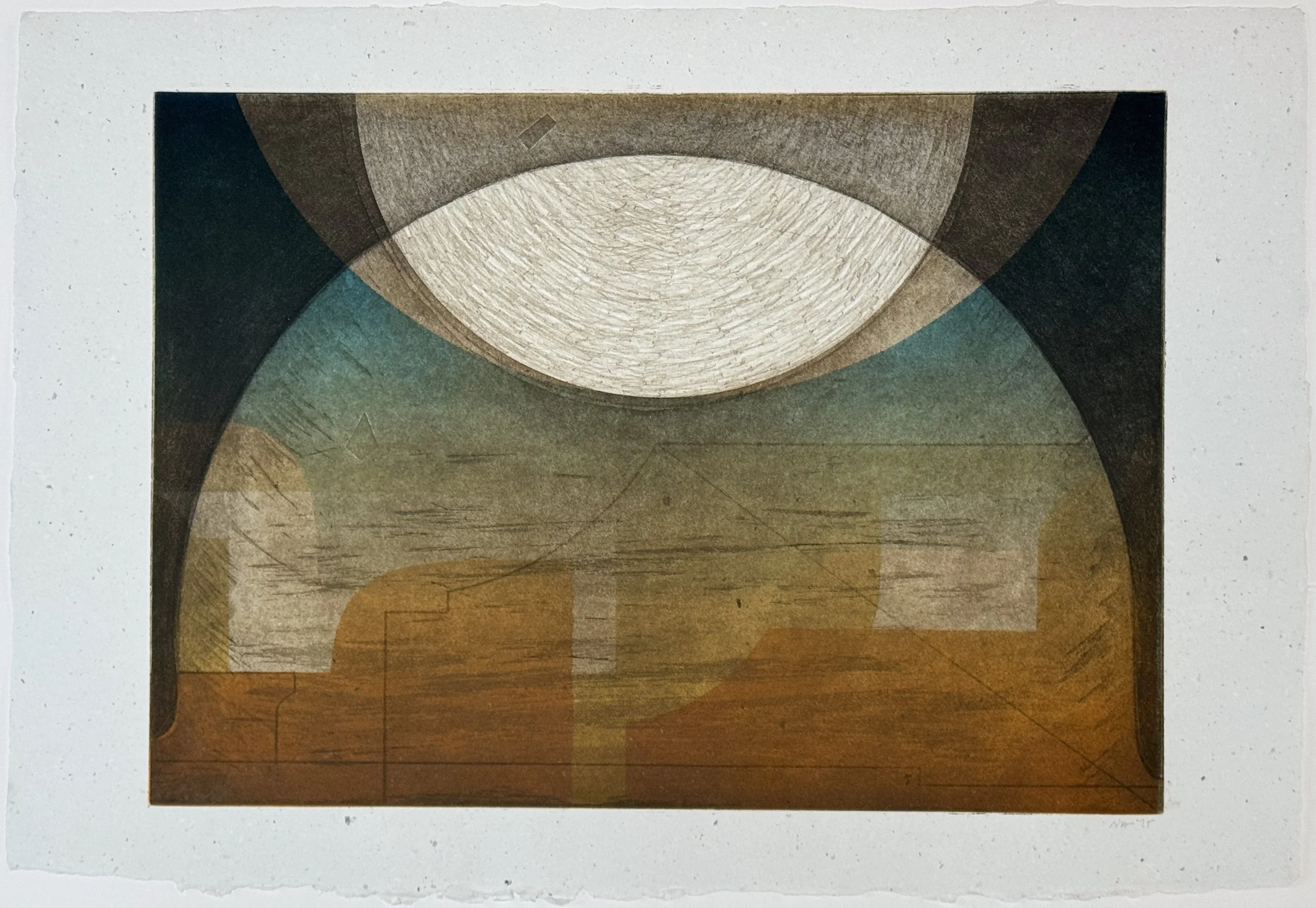 Roma Reflection III , 2024-25 Etching and Monotype, printed on repulped paper of a degraded Sebastiano Serlio book: Libro Primo d’Architettura,Libro Estraordinario. Venice: Francesco Senese & Zuane Krugher, 1566 Image: 13.5 x 19 inches Paper: 1