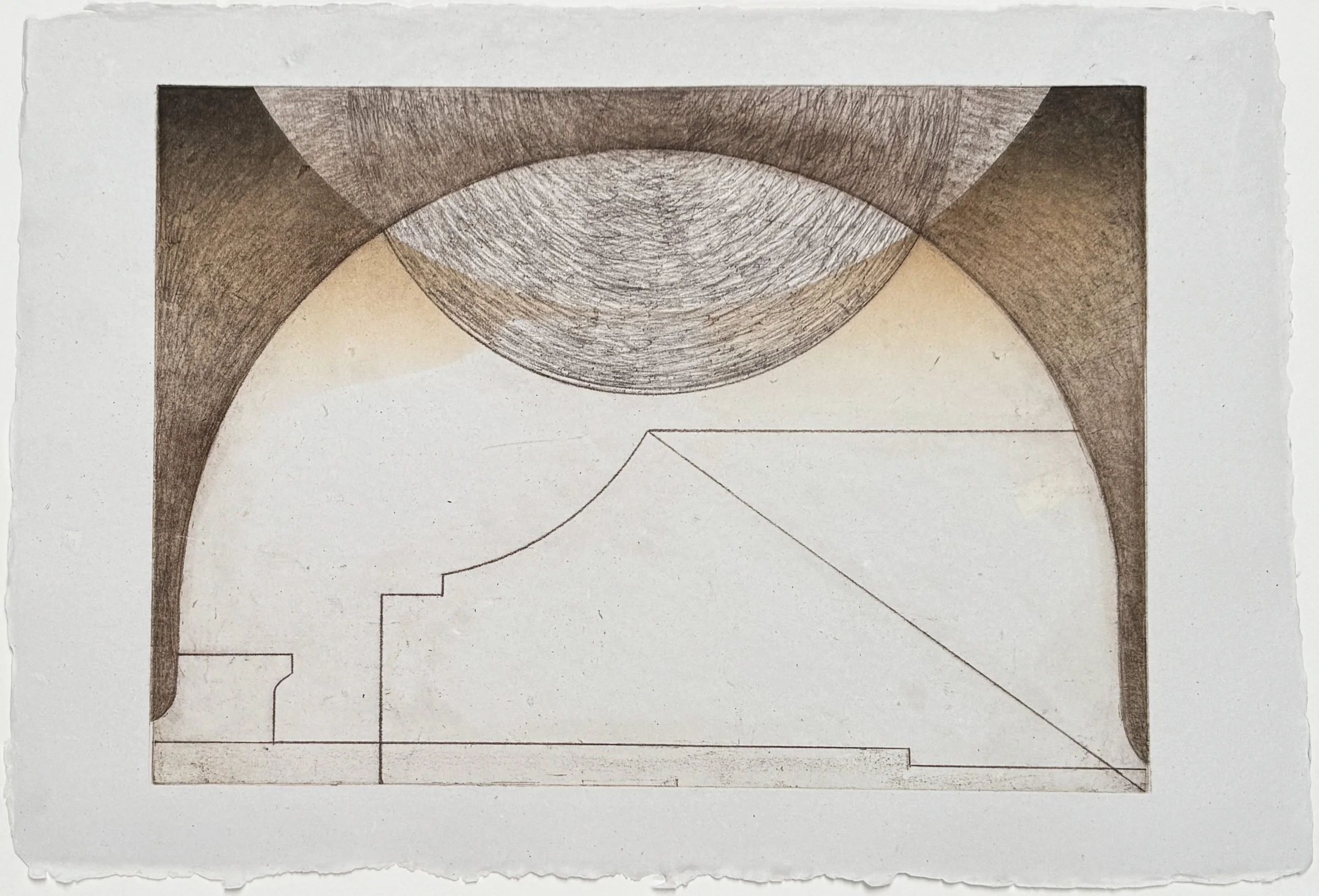 Roma Reflection IV , 2024-25 Etching and Monotype, printed on repulped paper of a degraded Sebastiano Serlio book: Libro Primo d’Architettura,Libro Estraordinario. Venice: Francesco Senese & Zuane Krugher, 1566 Image: 13.5 x 19 inches Paper: 16