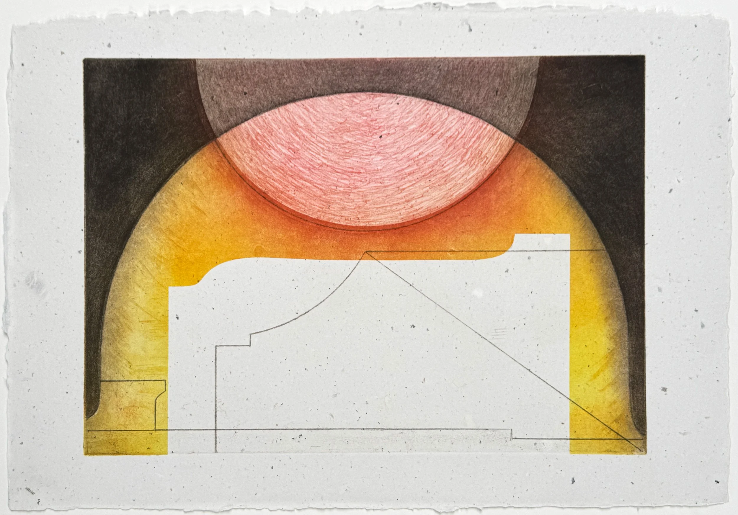 Roma Reflection VI , 2024-25 Etching and Monotype, printed on repulped paper of a degraded Sebastiano Serlio book: Libro Primo d’Architettura,Libro Estraordinario. Venice: Francesco Senese & Zuane Krugher, 1566 Image: 13.5 x 19 inches Paper: 16
