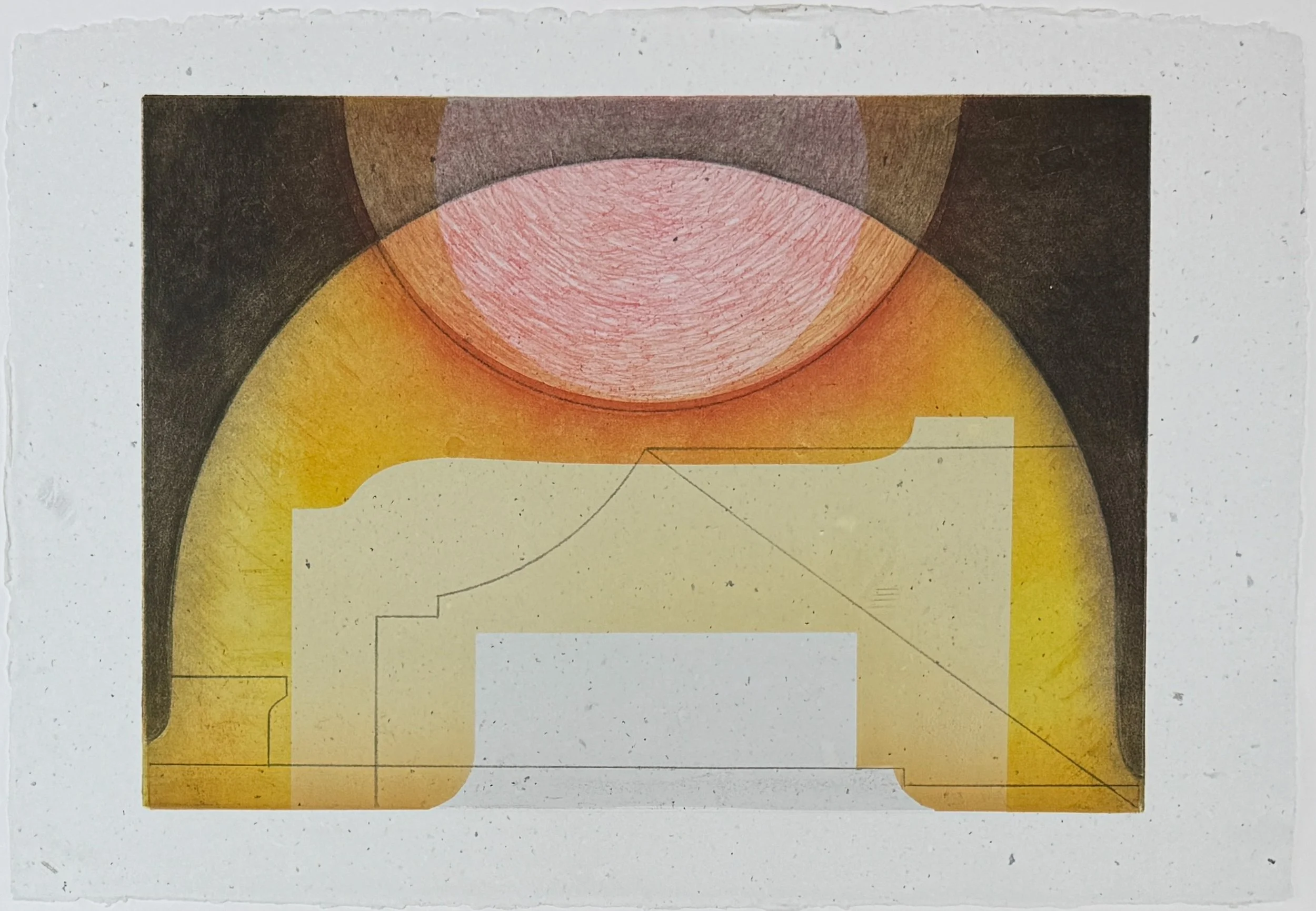 Roma Reflection VII , 2024-25 Etching and Monotype, printed on repulped paper of a degraded Sebastiano Serlio book: Libro Primo d’Architettura,Libro Estraordinario. Venice: Francesco Senese & Zuane Krugher, 1566 Image: 13.5 x 19 inches Paper: 1