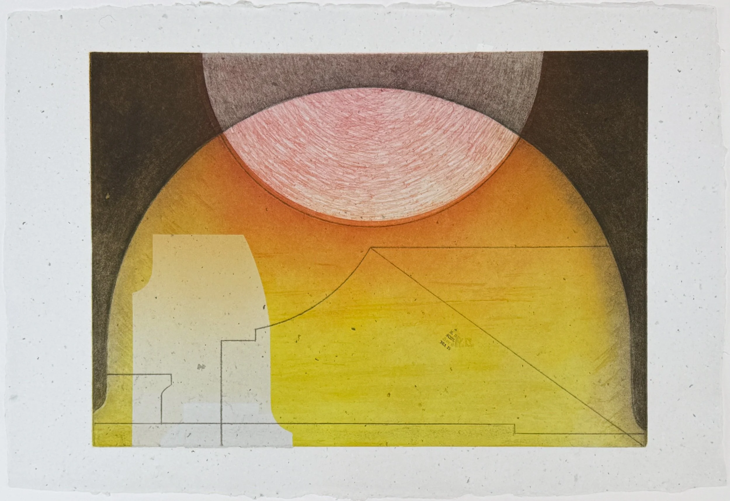 Roma Reflection VIII , 2024-25 Etching and Monotype, printed on repulped paper of a degraded Sebastiano Serlio book: Libro Primo d’Architettura,Libro Estraordinario. Venice: Francesco Senese & Zuane Krugher, 1566 Image: 13.5 x 19 inches Paper: