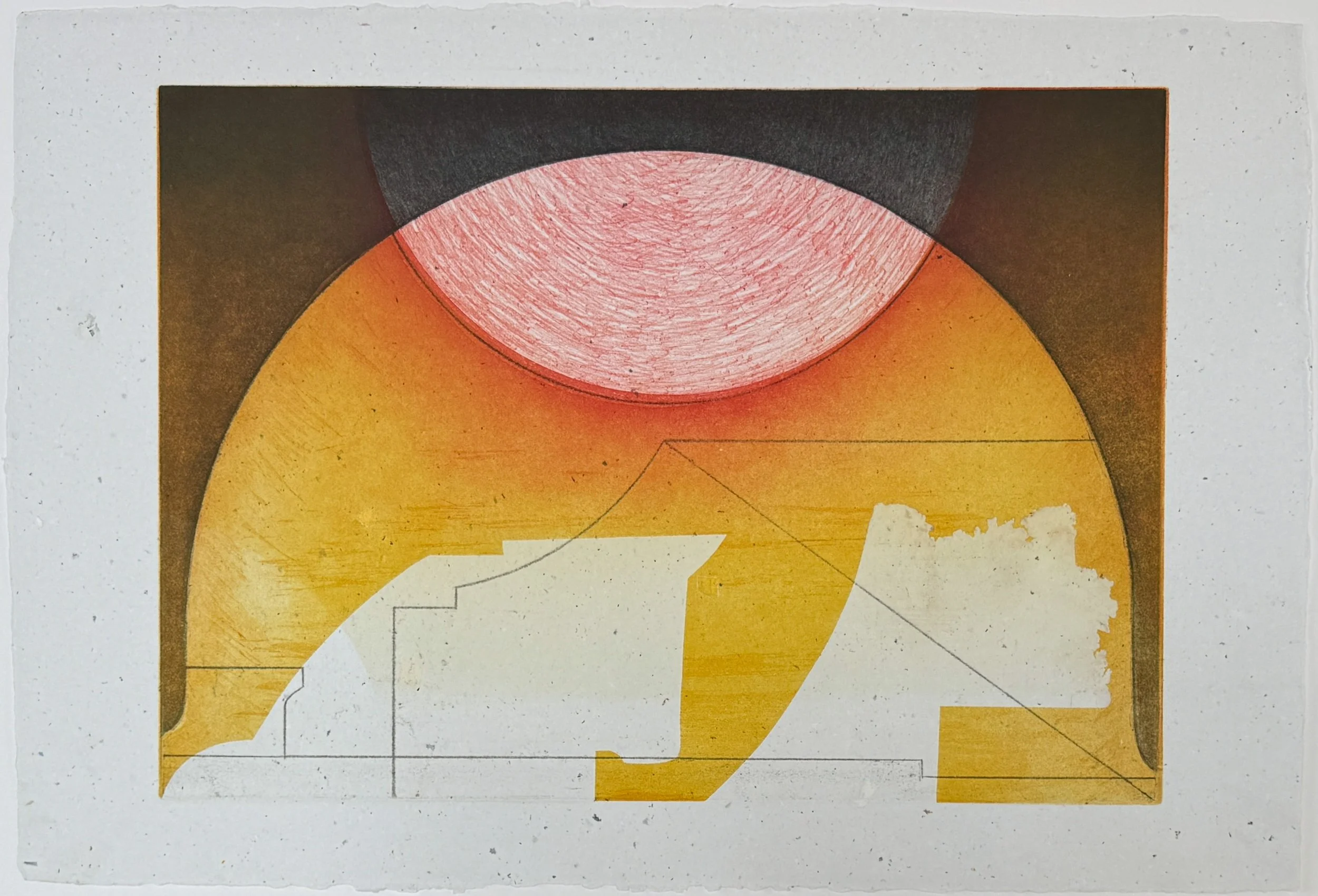Roma Reflection IX , 2024-25 Etching and Monotype, printed on repulped paper of a degraded Sebastiano Serlio book: Libro Primo d’Architettura,Libro Estraordinario. Venice: Francesco Senese & Zuane Krugher, 1566 Image: 13.5 x 19 inches Paper: 16