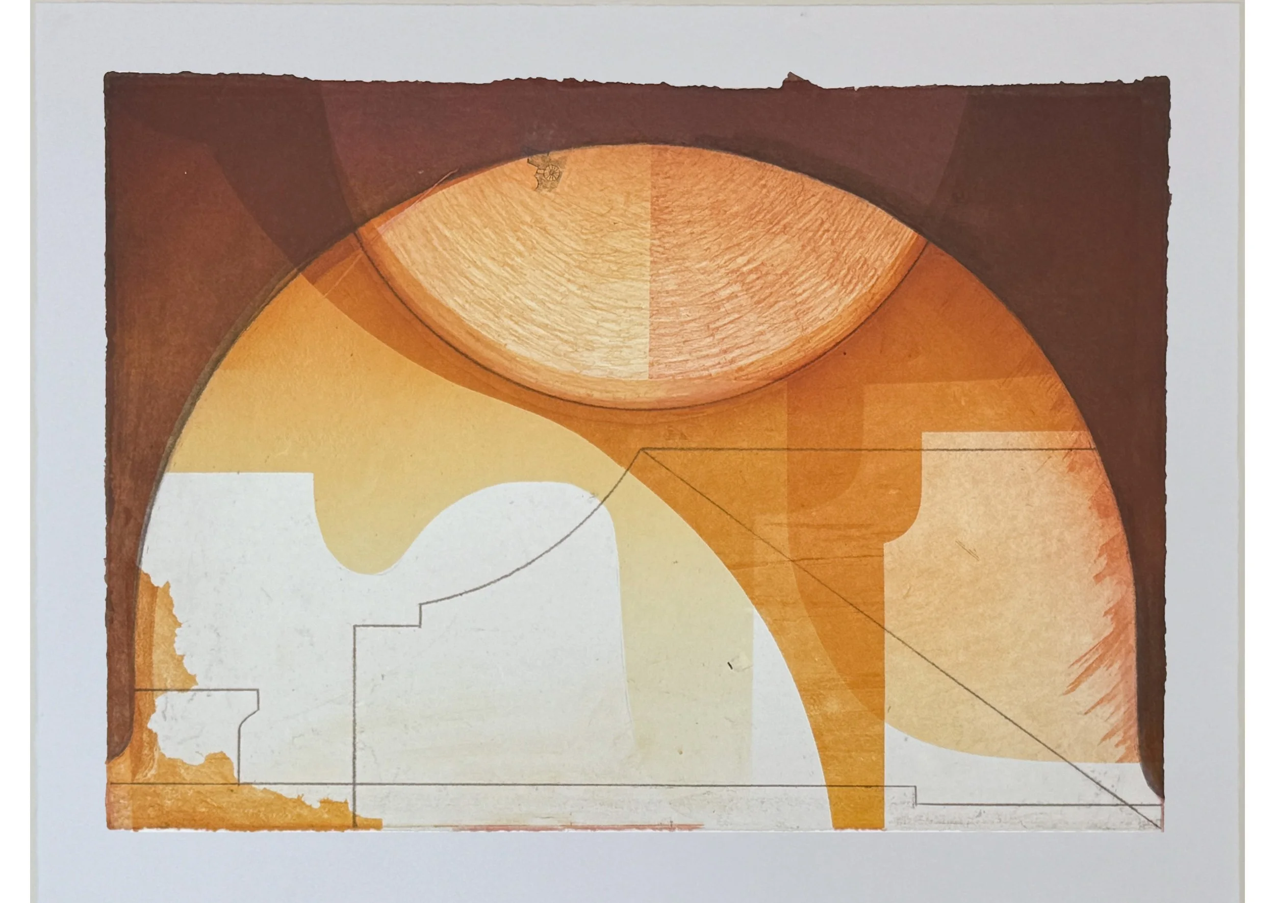 Roma Reflection X , 2024-25 Etching and Monotype, printed on repulped paper of a degraded Sebastiano Serlio book: Libro Primo d’Architettura,Libro Estraordinario. Venice: Francesco Senese & Zuane Krugher, 1566 Image: 13.5 x 19 inches Paper: 16