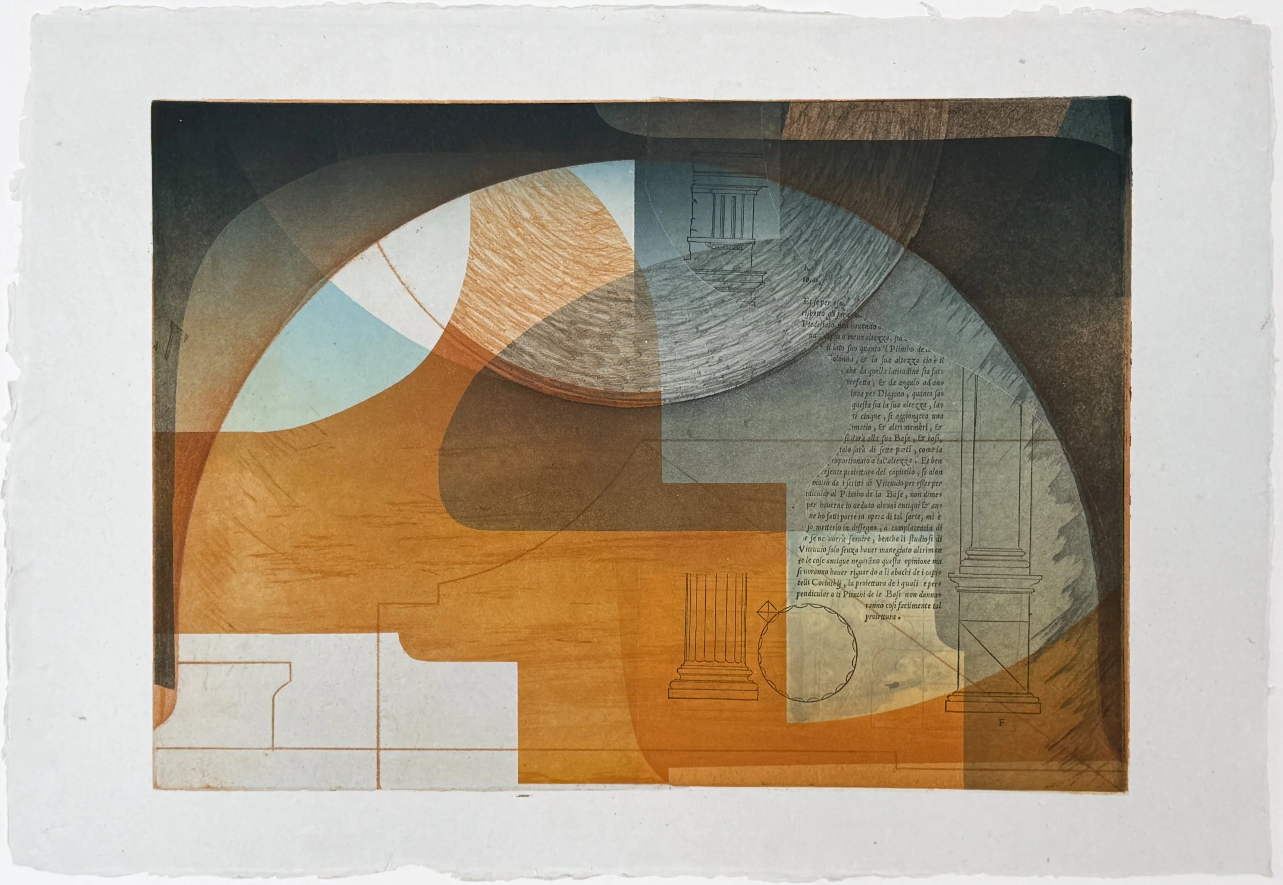 Roma Reflection XI , 2024-25 Etching and Monotype, printed on repulped paper of a degraded Sebastiano Serlio book: Libro Primo d’Architettura,Libro Estraordinario. Venice: Francesco Senese & Zuane Krugher, 1566 Image: 13.5 x 19 inches Paper: 16