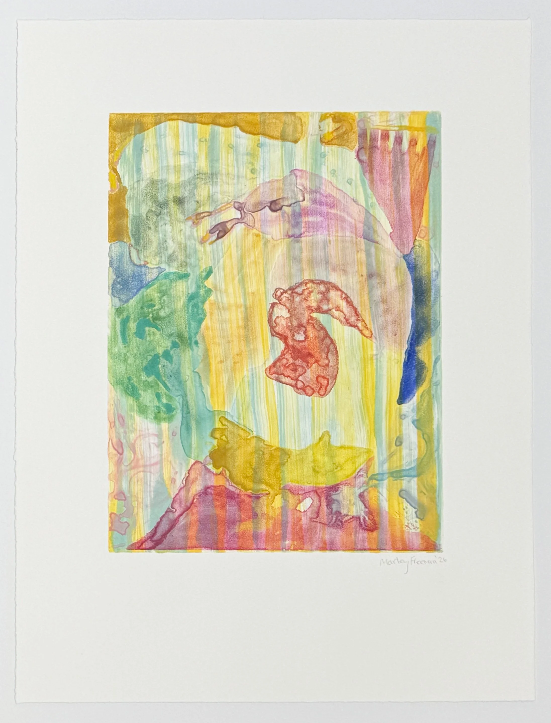   dropped my eyes , 2026 Watercolor monotype Image size: 11 1/2 x 9 inches Paper size: 18 1/2 x 14 inches Unique 