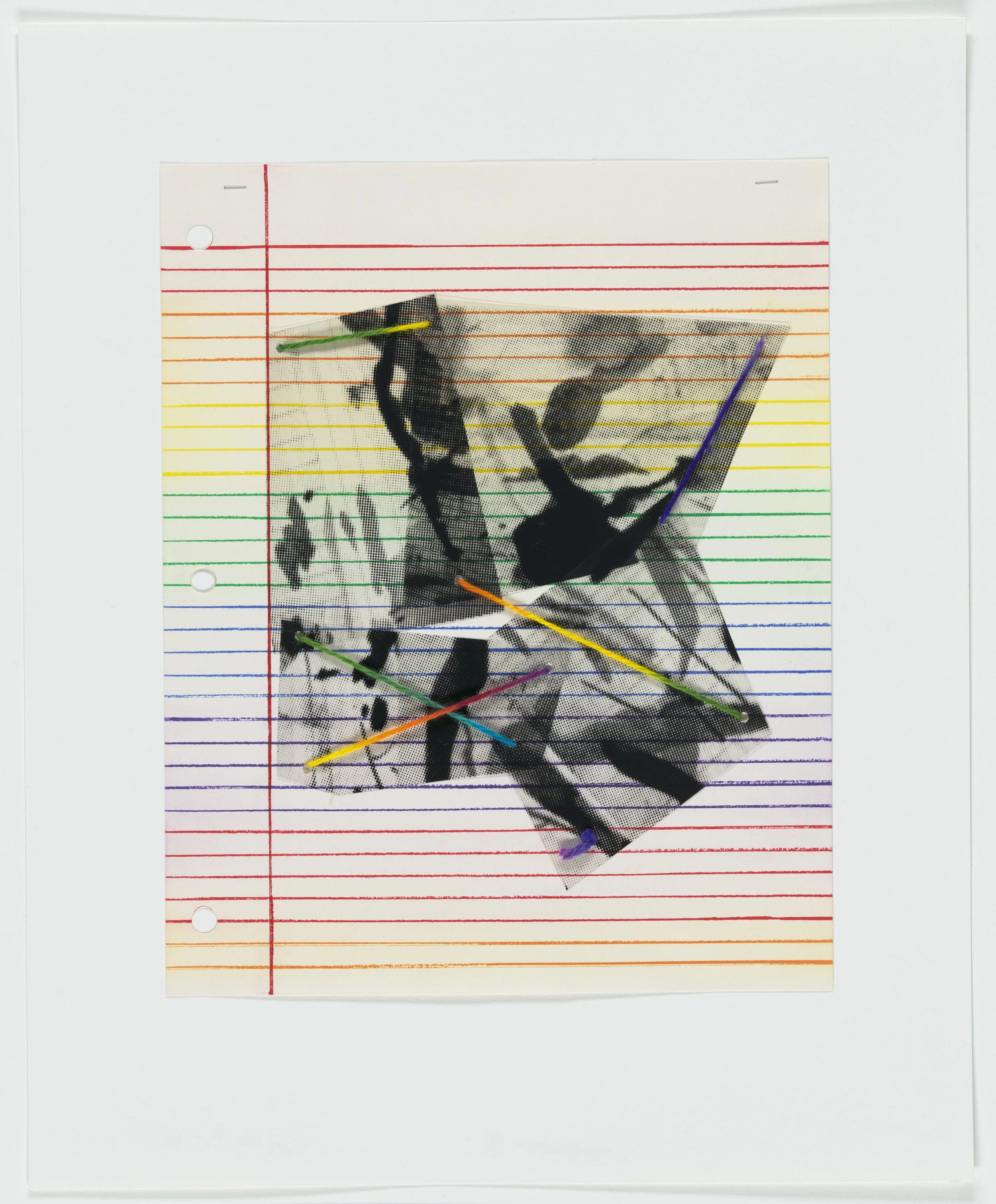  Composition (G),  2026 Etching and screenprint on mylar, with staples and hand-dyed yarn Image size: 18 1/4 × 14 5/8 inches Paper size: 25 1/2 × 20 3/4 inches 