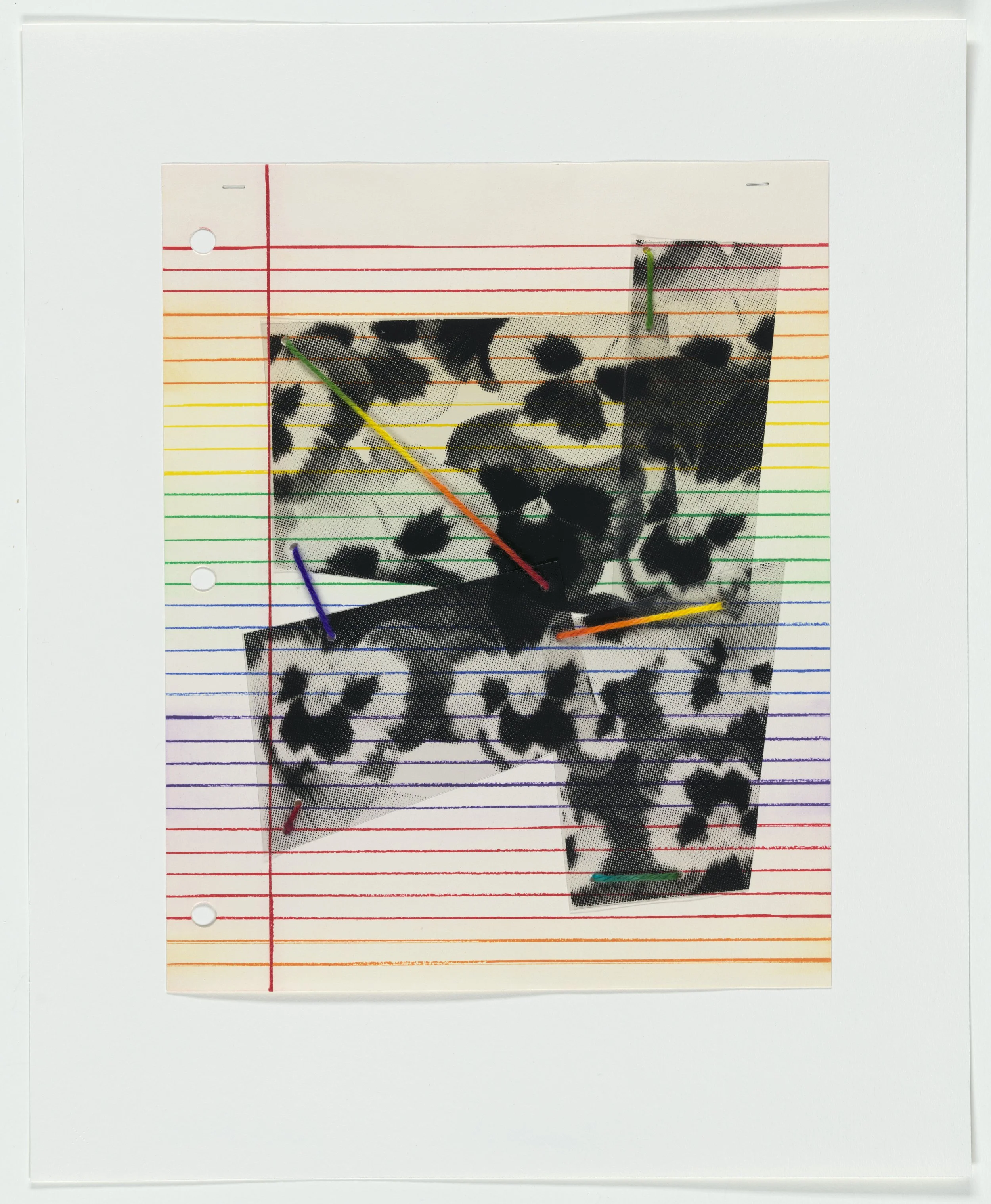   Composition (P),  2026 Etching and screenprint on mylar, with staples and hand-dyed yarn Image size: 18 1/4 × 14 5/8 inches Paper size: 25 1/2 × 20 3/4 inches 