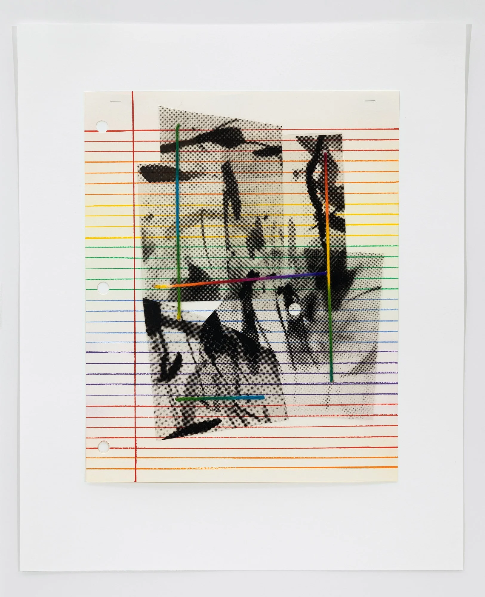   Composition (G) , 2026 Etching and screenprint on mylar, with staples and hand-dyed yarn Image size: 18 1/4 x 14 5/8 inches Paper size: 25 1/2 x 20 3/4 inches Edition: 2/3 Varied edition of 3 