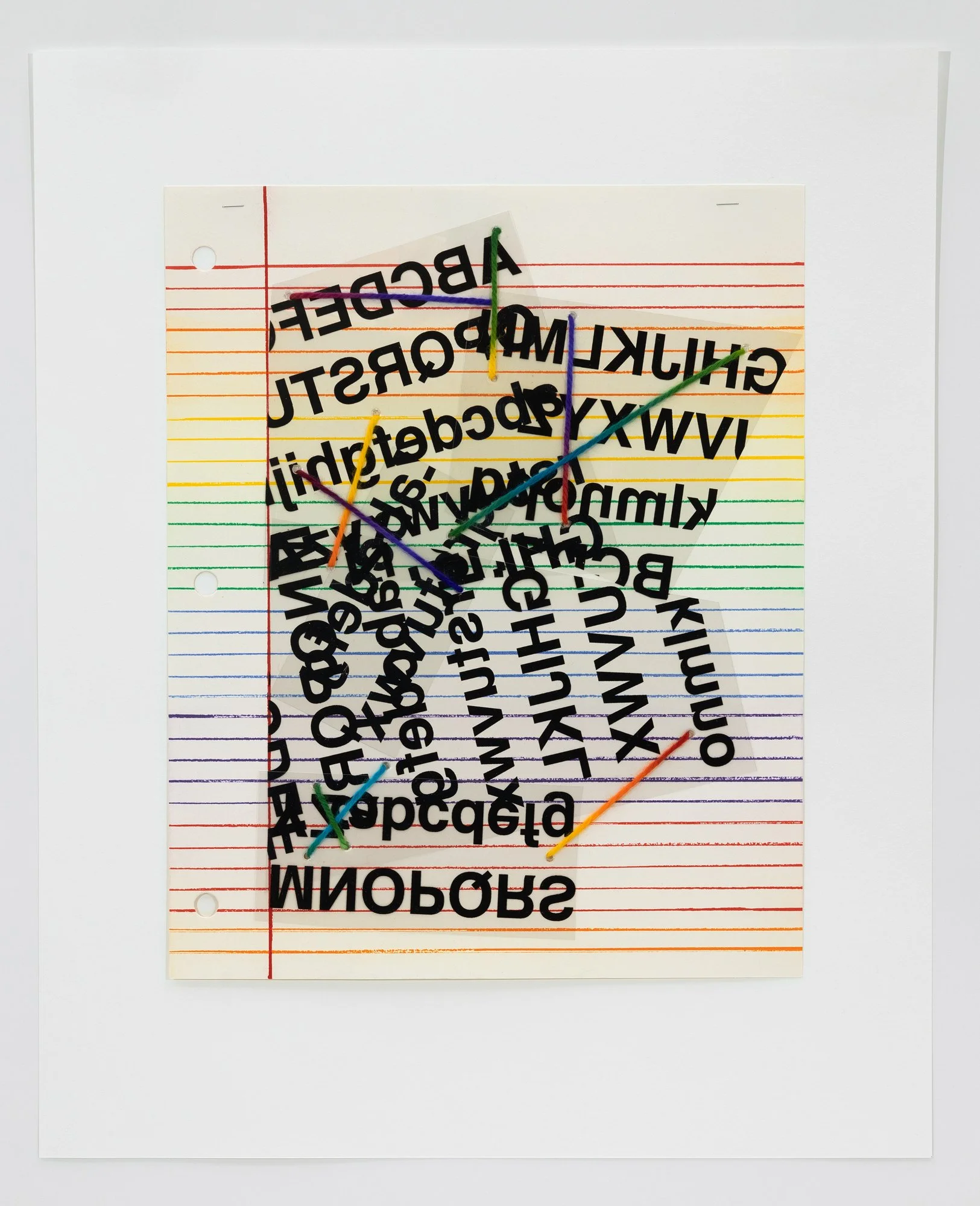   Composition (L) , 2026 Etching and screenprint on mylar, with staples and hand-dyed yarn Image size: 18 1/4 x 14 5/8 inches Paper size: 25 1/2 x 20 3/4 inches Edition: 2/3 Varied edition of 3 