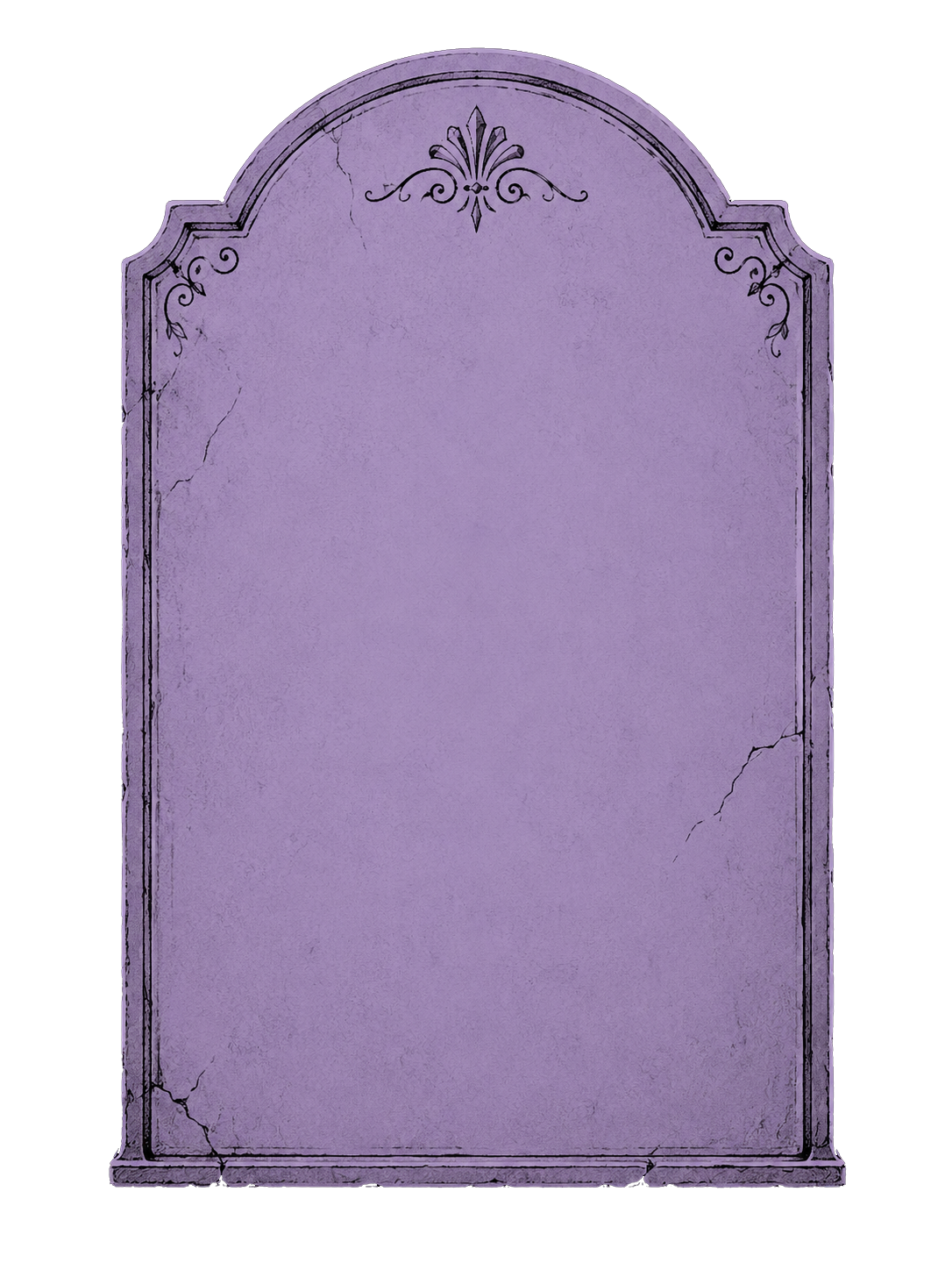 A purple, vintage-style, cracked and weathered gravestone with ornate decorative details at the top.