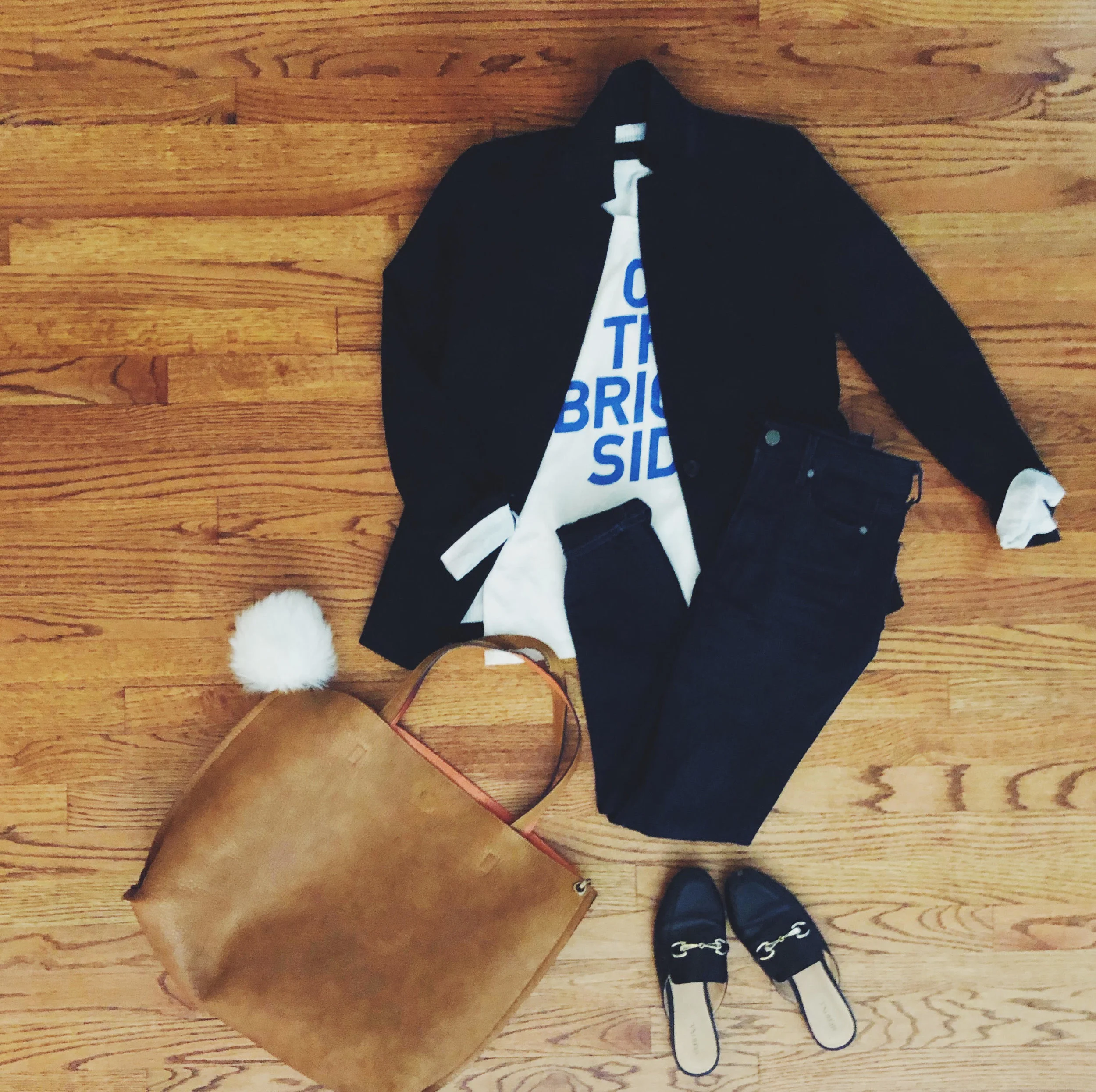 T-Shirt & Blazer: JCrew , Jeans: Paige , Slides: Target , Bag: Free People