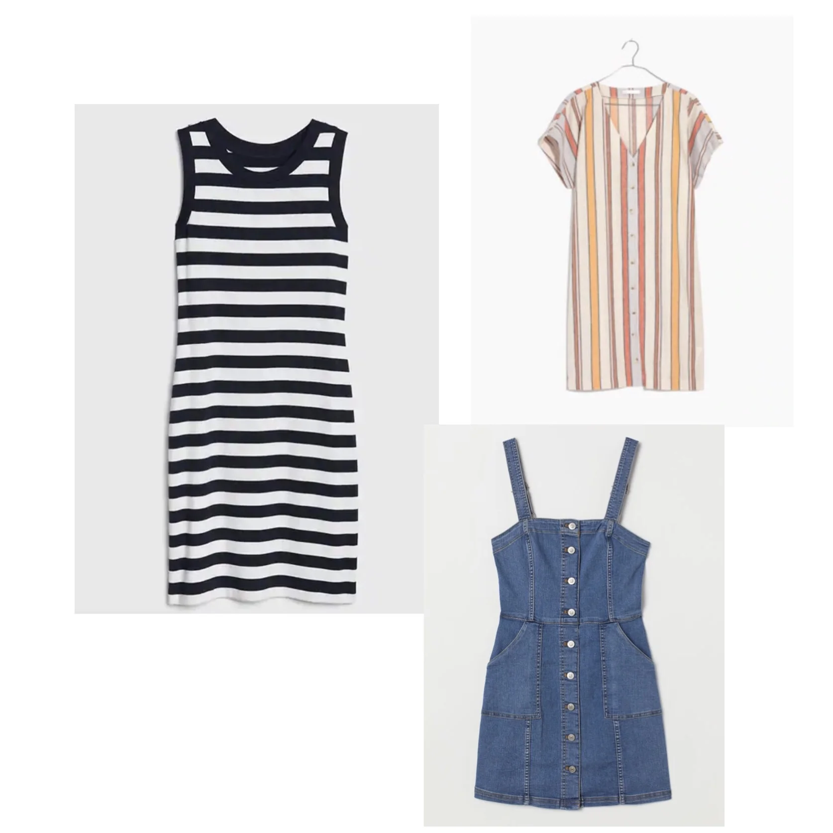 (Clockwise) 1. Gap Modern Stripe Sleeveless Ringer T-Shirt Dress - $45 2. Madewell Button-Front Easy Dress - $118 3. H &M Bib Overall Dress - $35