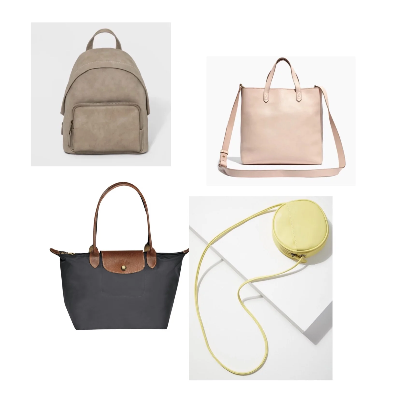 (Clockwise) 1. Target Mini Dome Backpack - $28 2. Madewell Zip-Top Transport Crossbody - $128 3. Urban Outfitters Lydia Circle Crossbody - $29 4. Longchamp Le Pliage Tote Bag - $125