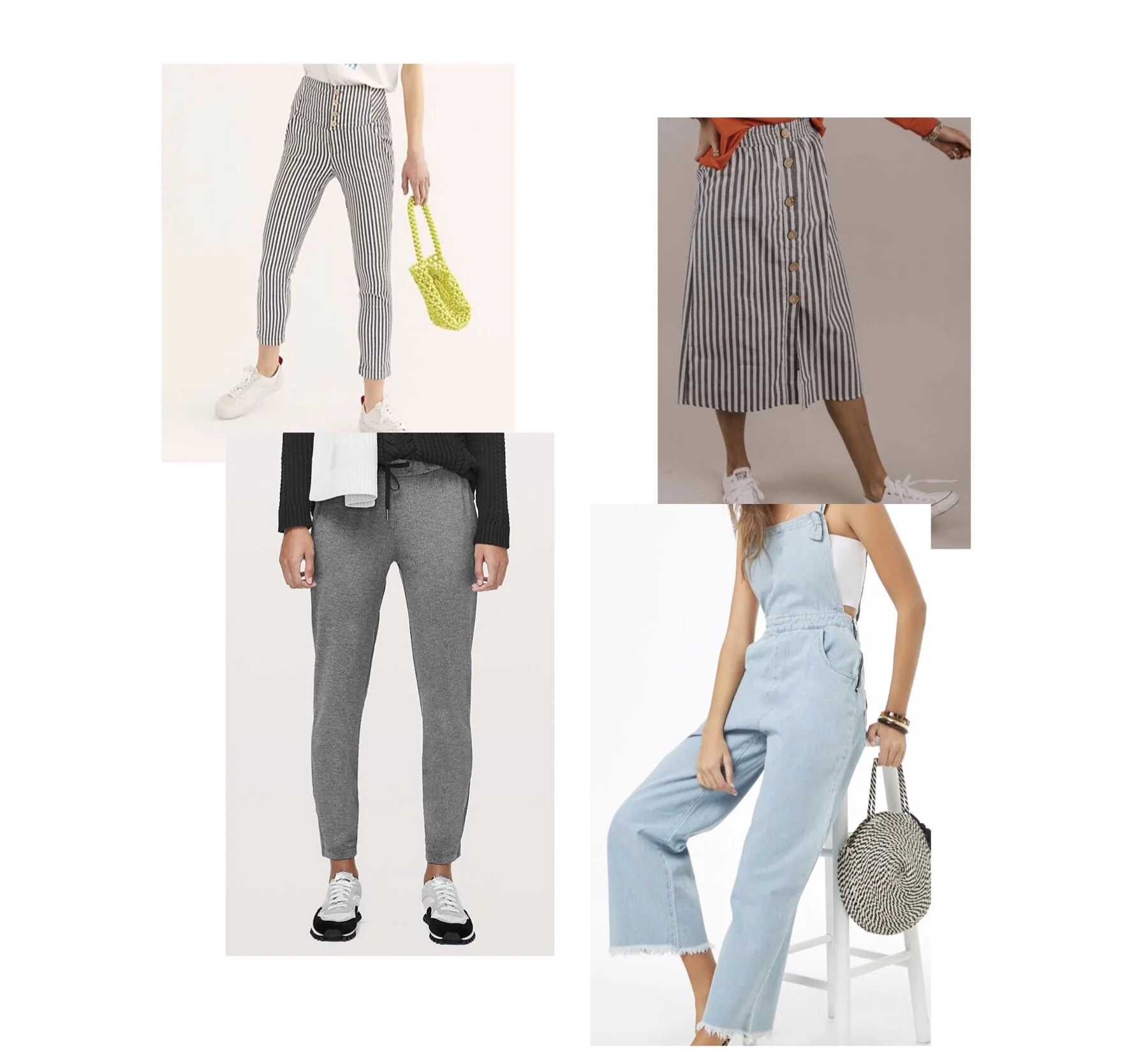 (clockwise) 1. Free people high waist skinny pants - $78 2. roole dexter button skirt - $35 3. forver 21 frayed-hem denim overalls - $34 4. Lululemon on the fly pant - $98