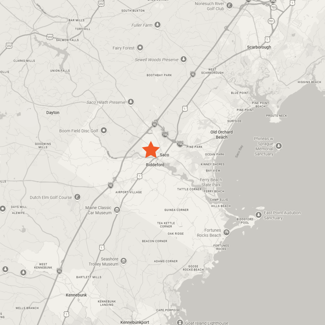 Map showing Ore Nell’s BBQ catering service area in Biddeford, Maine and Southern Maine