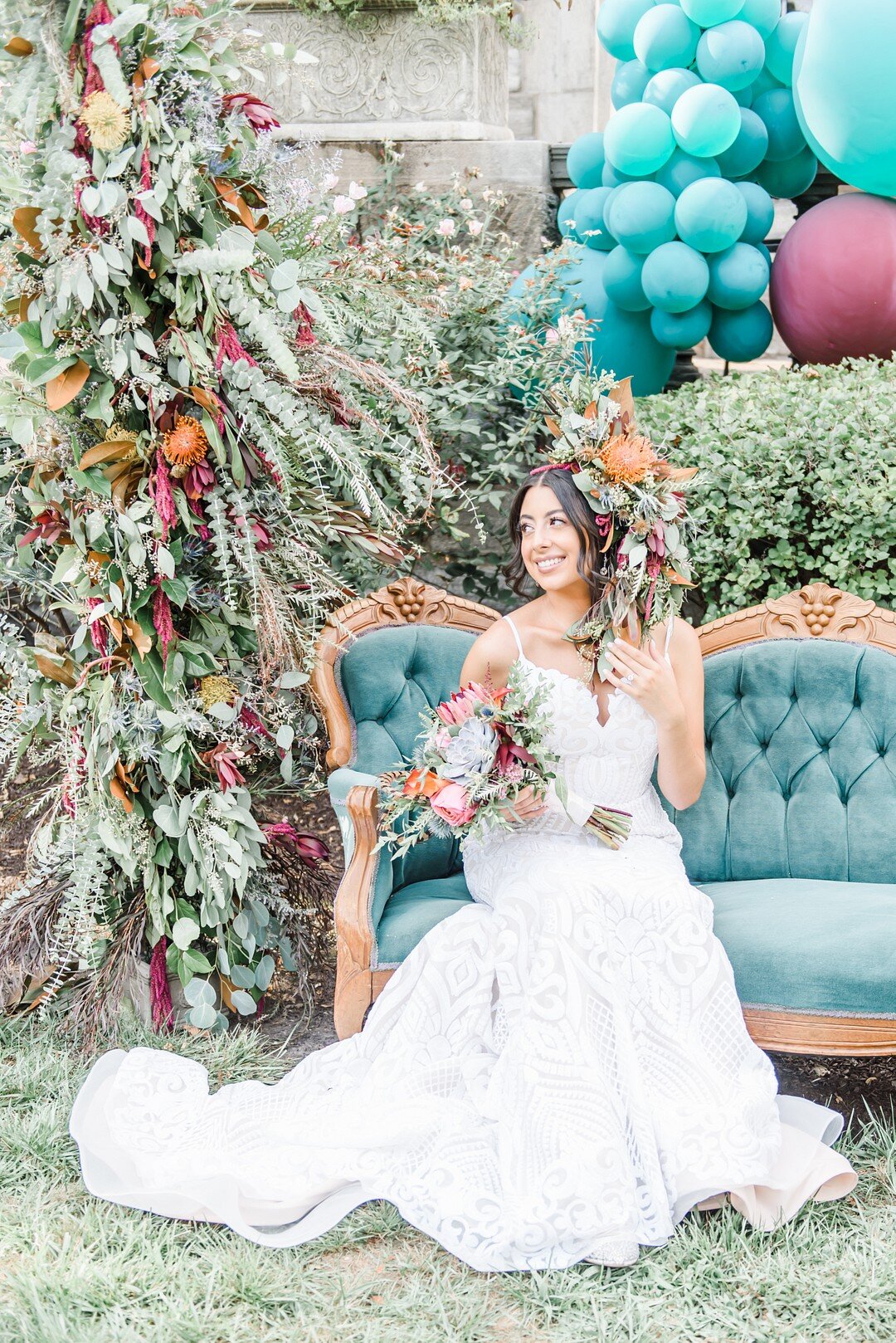 Francesca Michetti Photography captured the bold, bright, fun colors of fall in this inspired wedding styled shoot featuring a feather bouquet and floral headpiece for the bride. Concept and planning by Peonies Events and other Philadelphia wedding …