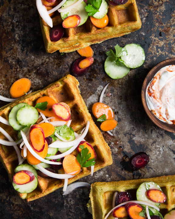 Falafel Waffles with Cucumber Slaw