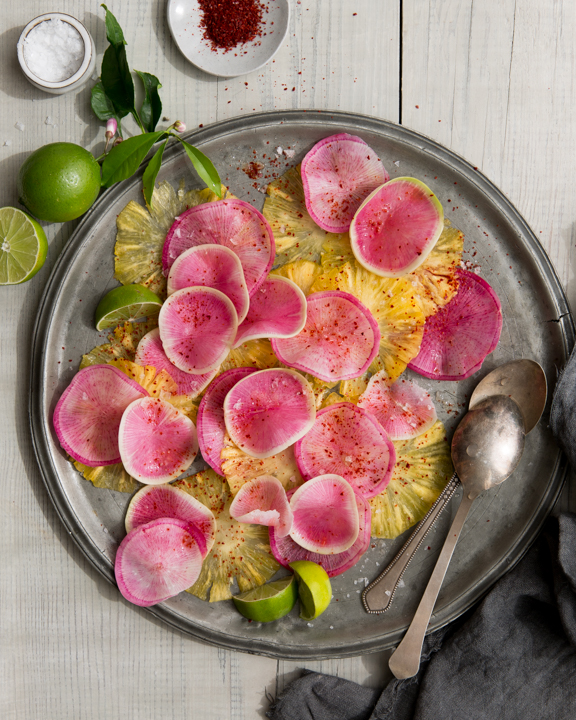 Watermelon Radish and Pineapple Carpaccio