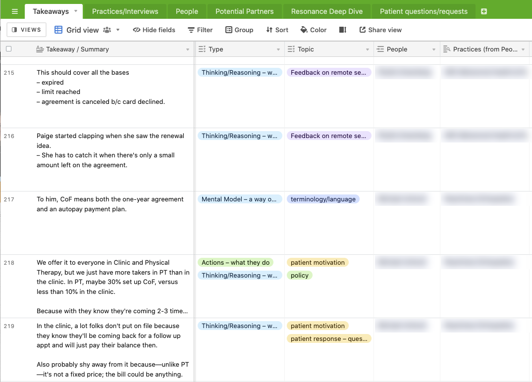 Airtable table of user research takeaways on card-on-file payments, with columns for type, topic, and people.