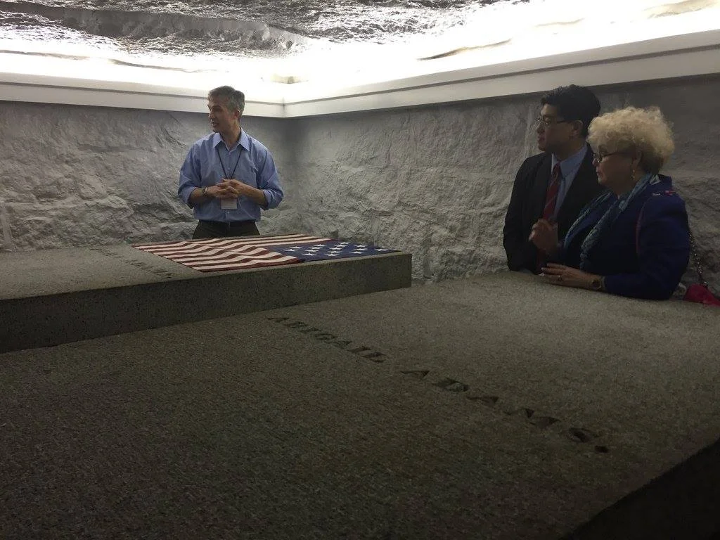 Visiting the burial place of Presidents John Adams and John Quincy Adams, along with Abigail Adams and Louisa Catherine Adams, at the United First Parish Church in Quincy Center.