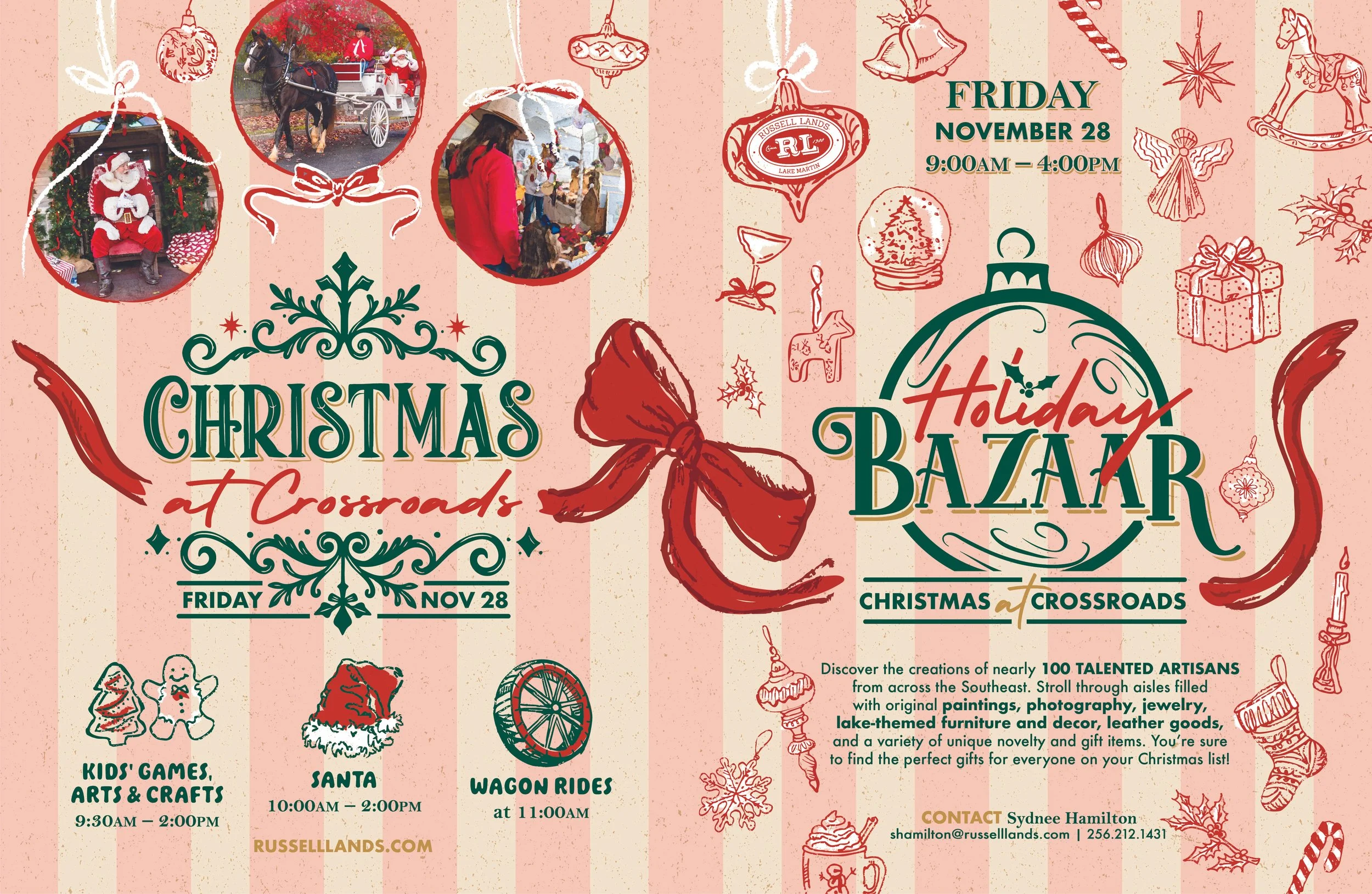 two-page ad spread of Russell Lands' event Christmas at Crossroads and Holiday Bazaar, hosted Friday Nov 28 from 9am-4pm 2025. Shows event logos and handdrawn christmas decor on a striped background, with images of the event