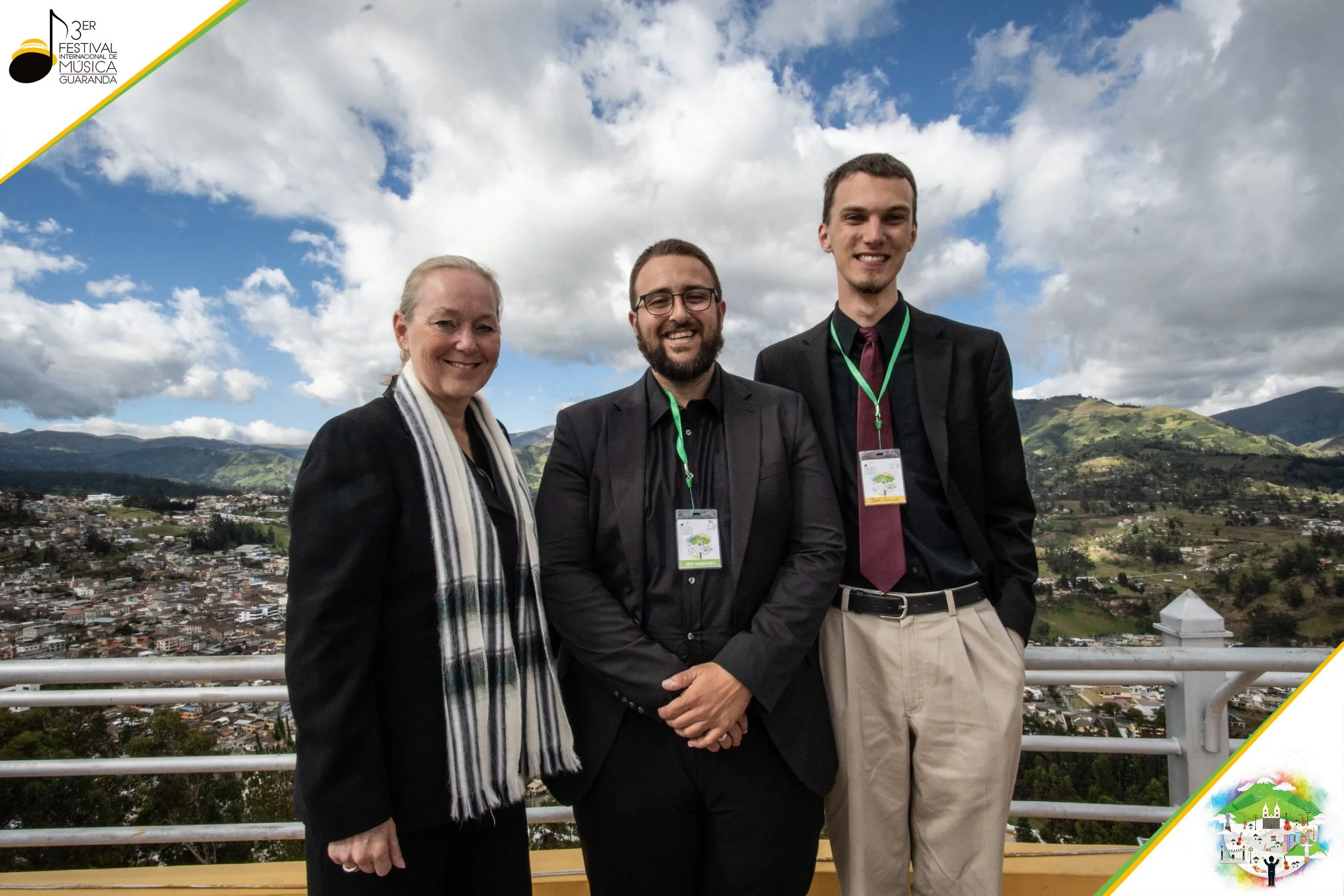 With conductor Catherine Rand and saxophonist Jeff Humphrey before the orchestral premier of Down from the Halo . Chimborazo, the tallest mountain on Earth, when measured from the Earth’s center, is partially visible behind the clouds on the right. Guaranda, Ecuador 6/21/19