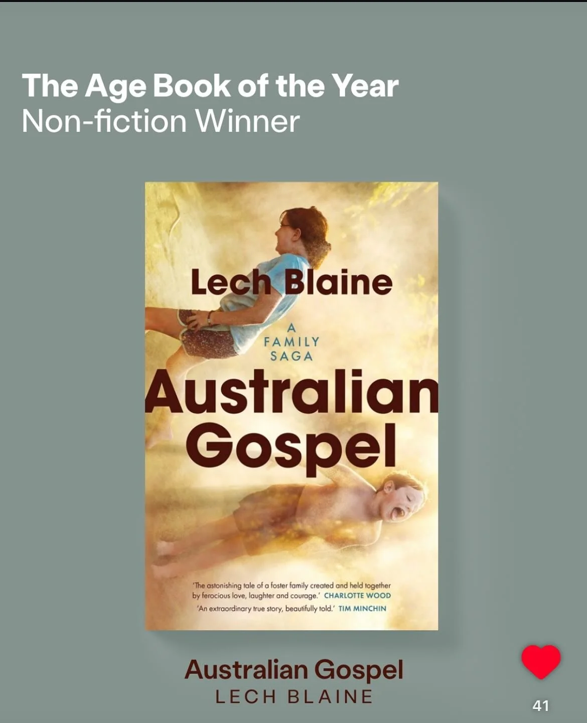 @lechblaine&rsquo;s stranger-than-fiction memoir, Australian Gospel, won the non-fiction award. The story of his family&rsquo;s battle with the biological parents of Lech&rsquo;s three fostered siblings, Christian fanatics who spent decades trying to